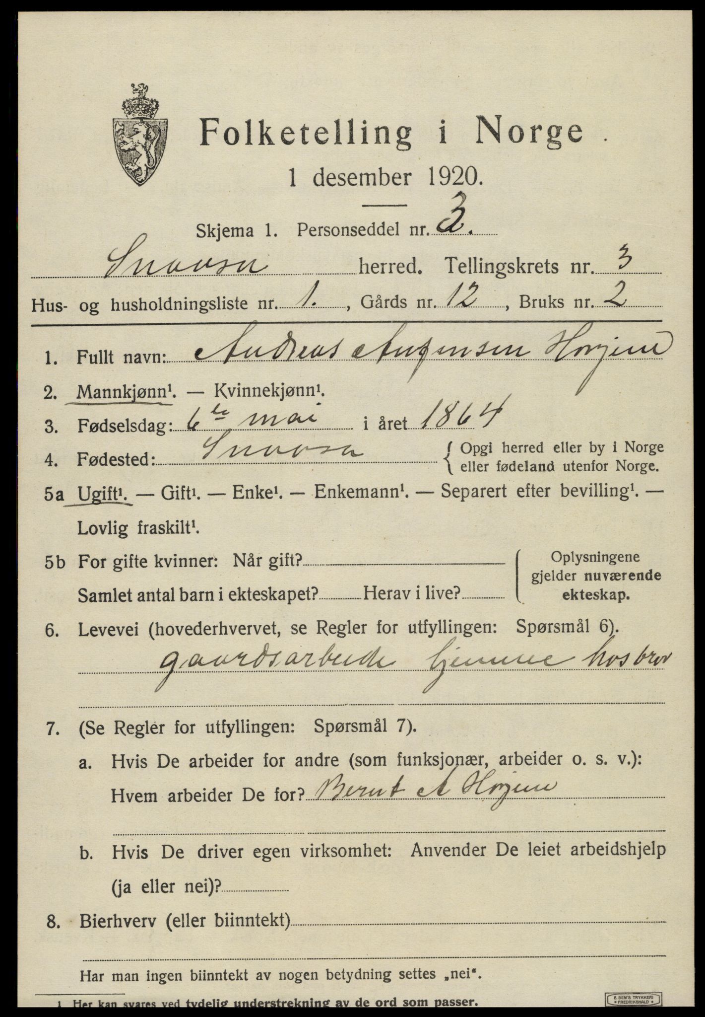 SAT, 1920 census for Snåsa, 1920, p. 1536
