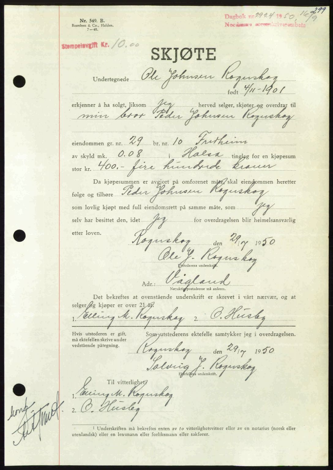 Nordmøre sorenskriveri, AV/SAT-A-4132/1/2/2Ca: Mortgage book no. A116, 1950-1950, Diary no: : 2924/1950