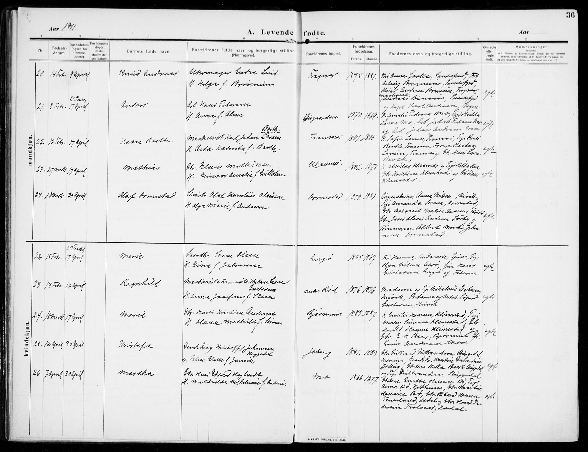Sandar kirkebøker, AV/SAKO-A-243/F/Fa/L0016: Parish register (official) no. 16, 1909-1919, p. 36