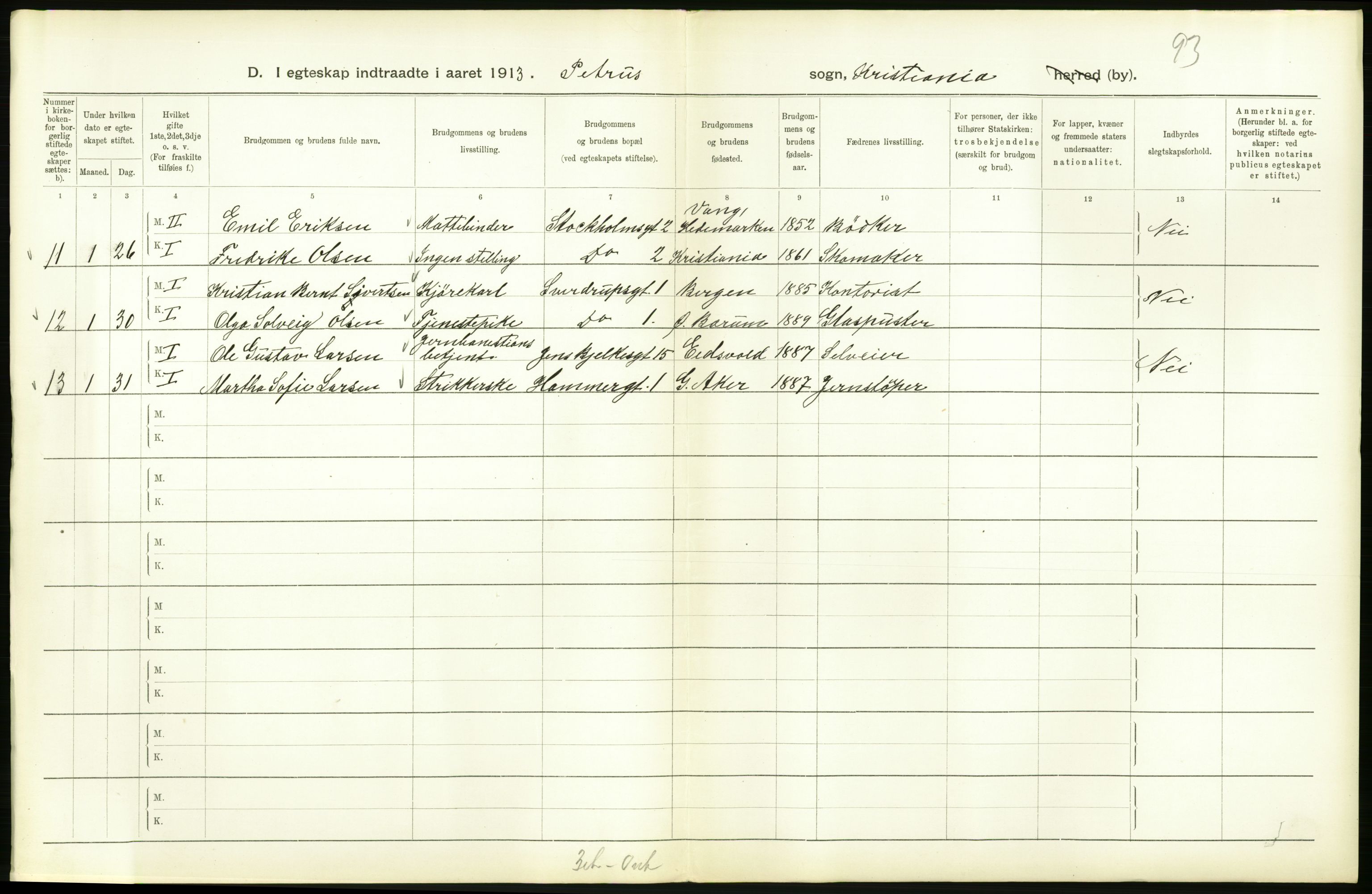 Statistisk sentralbyrå, Sosiodemografiske emner, Befolkning, AV/RA-S-2228/D/Df/Dfb/Dfbc/L0008: Kristiania: Gifte., 1913, p. 404