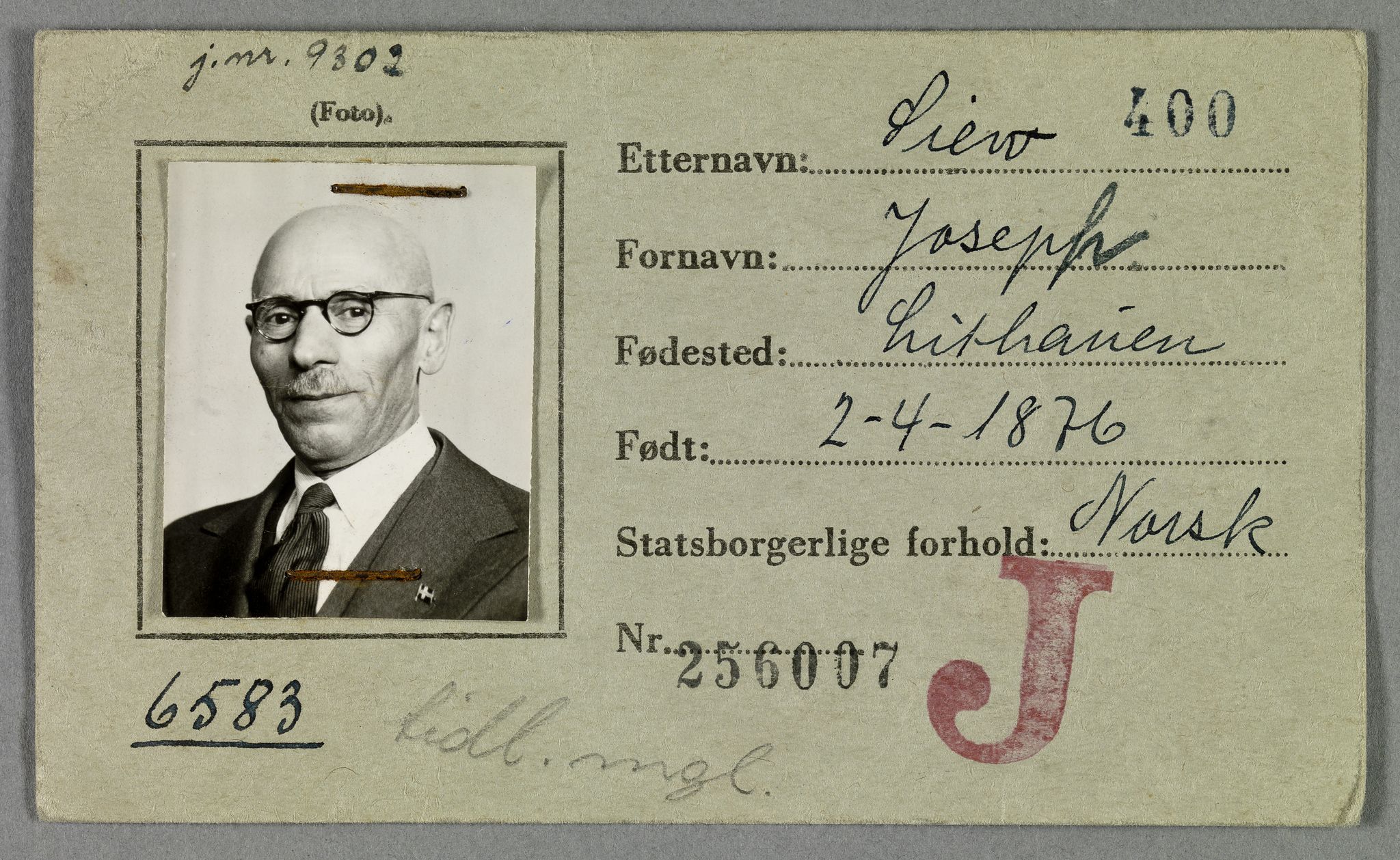 Sosialdepartementet, Våre Falne, RA/S-1708/E/Ee/L0021A: Fotografier av jøder på legitimasjonskort (1941-42), 1941-1942, p. 315