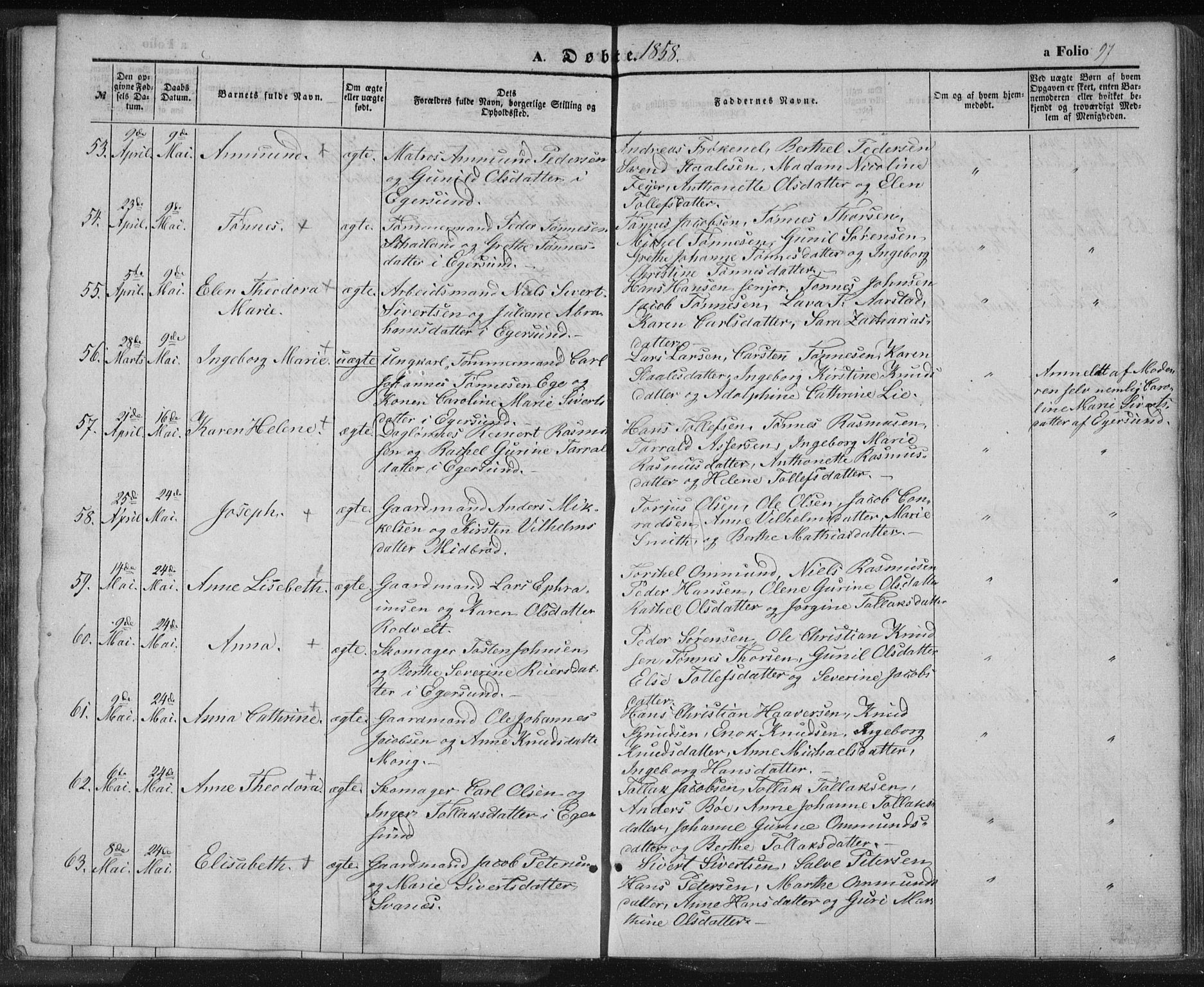Eigersund sokneprestkontor, SAST/A-101807/S08/L0012: Parish register (official) no. A 12.1, 1850-1865, p. 97