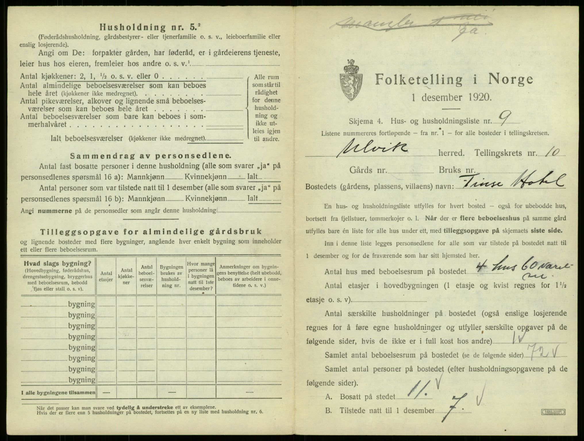 SAB, 1920 census for Ulvik, 1920, p. 71