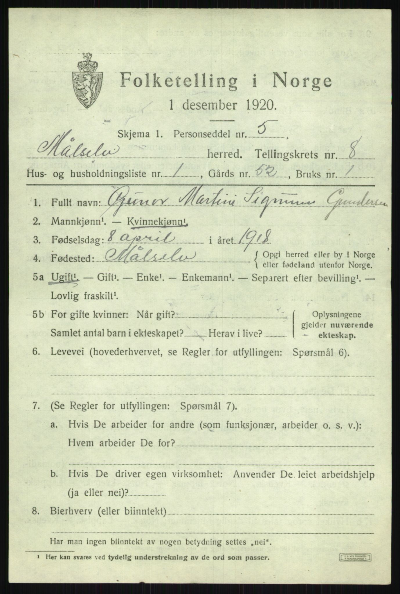 SATØ, 1920 census for Målselv, 1920, p. 4849