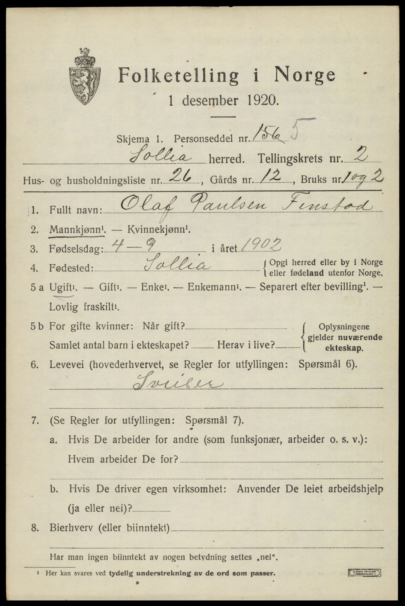 SAH, 1920 census for Sollia, 1920, p. 611