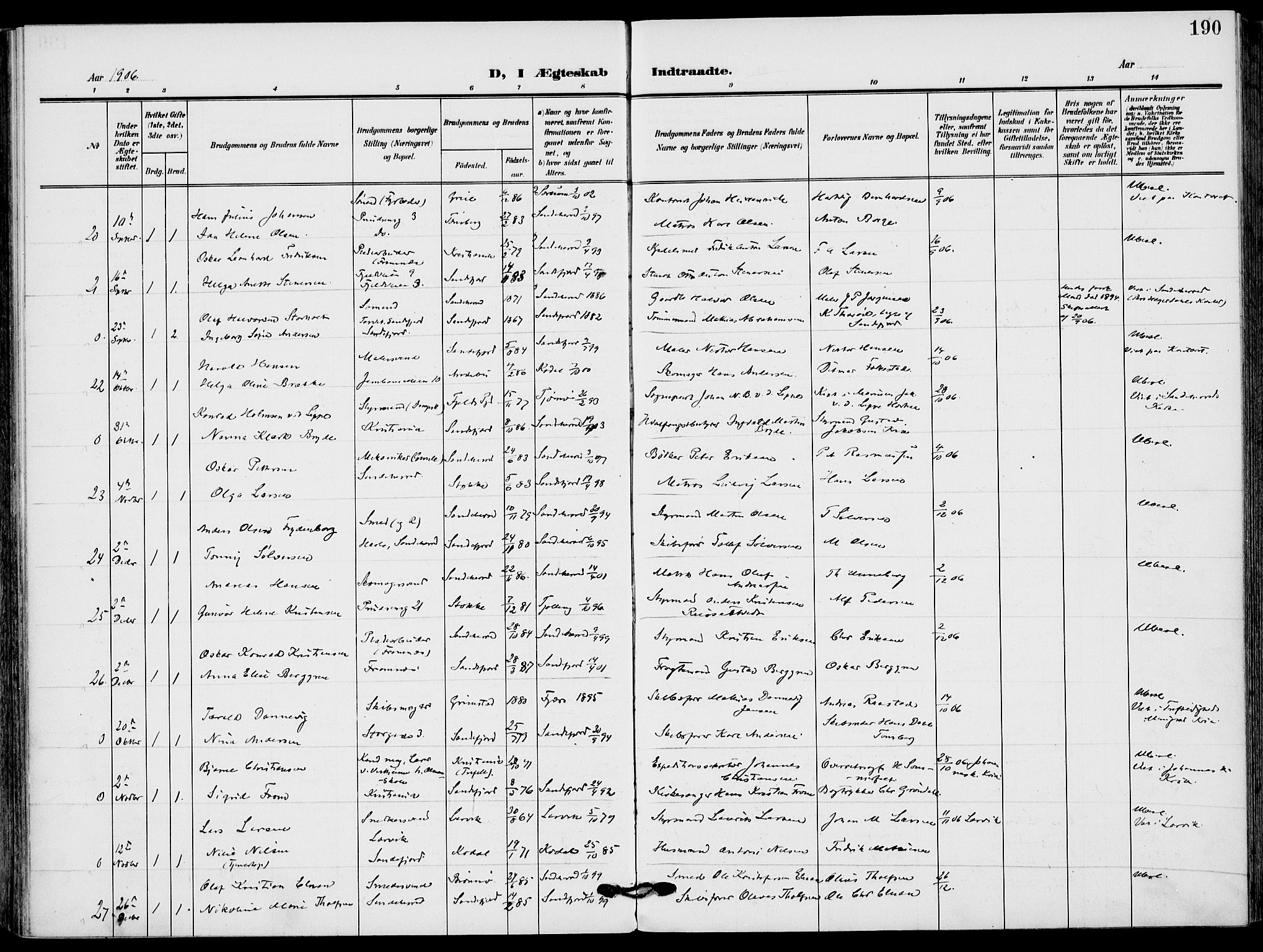 Sandefjord kirkebøker, AV/SAKO-A-315/F/Fa/L0005: Parish register (official) no. 5, 1906-1915, p. 190