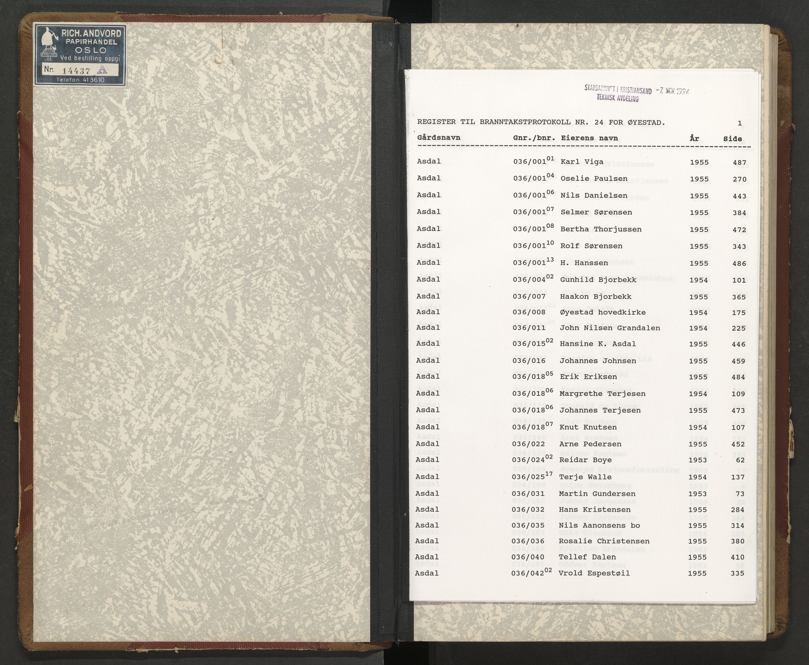 Norges Brannkasse Øyestad, AV/SAK-2241-0059/F/Fa/L0024: Branntakstprotokoll nr. 24 med gårdsnavnregister, 1953-1955