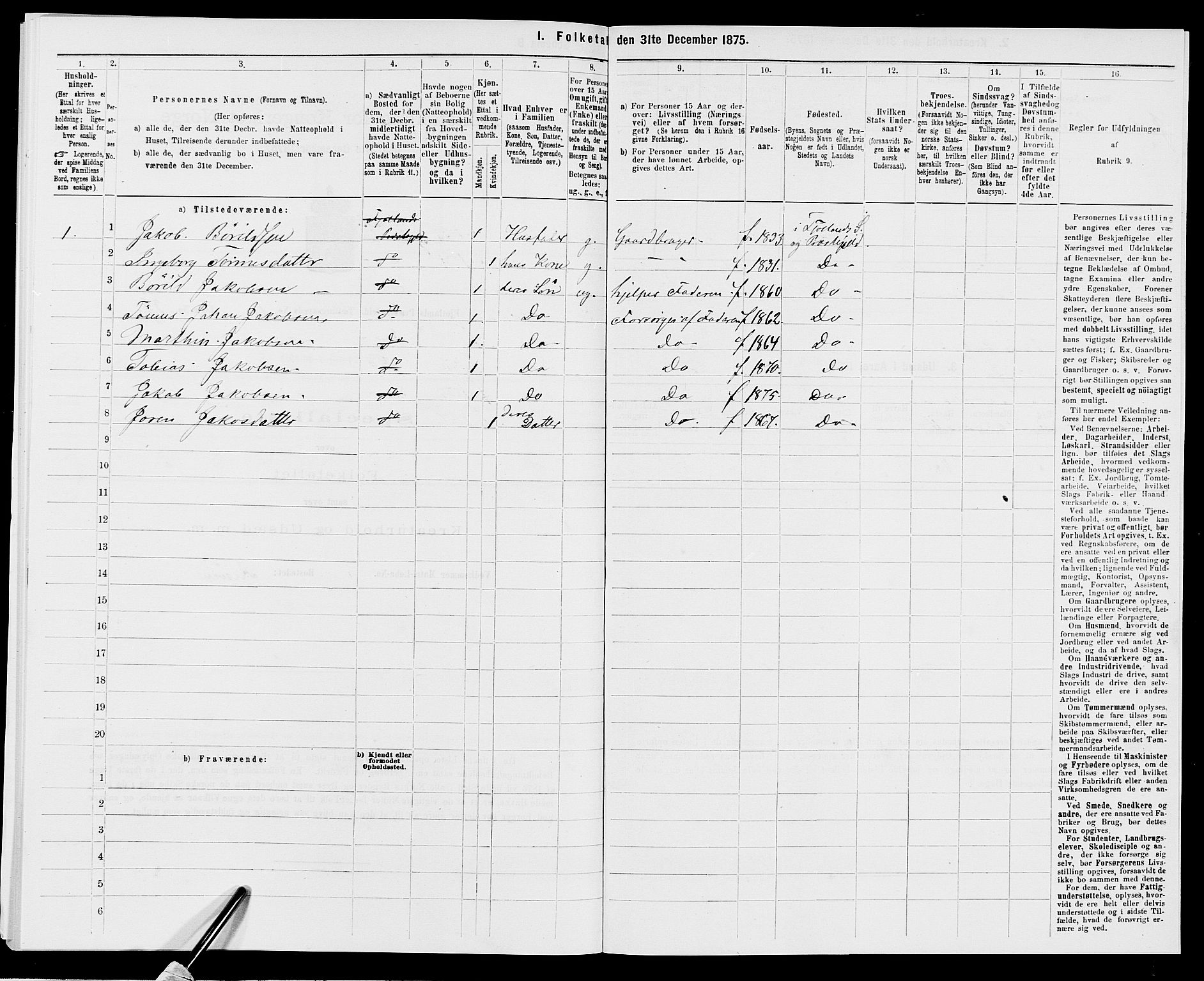 SAK, 1875 census for 1036P Fjotland, 1875, p. 111