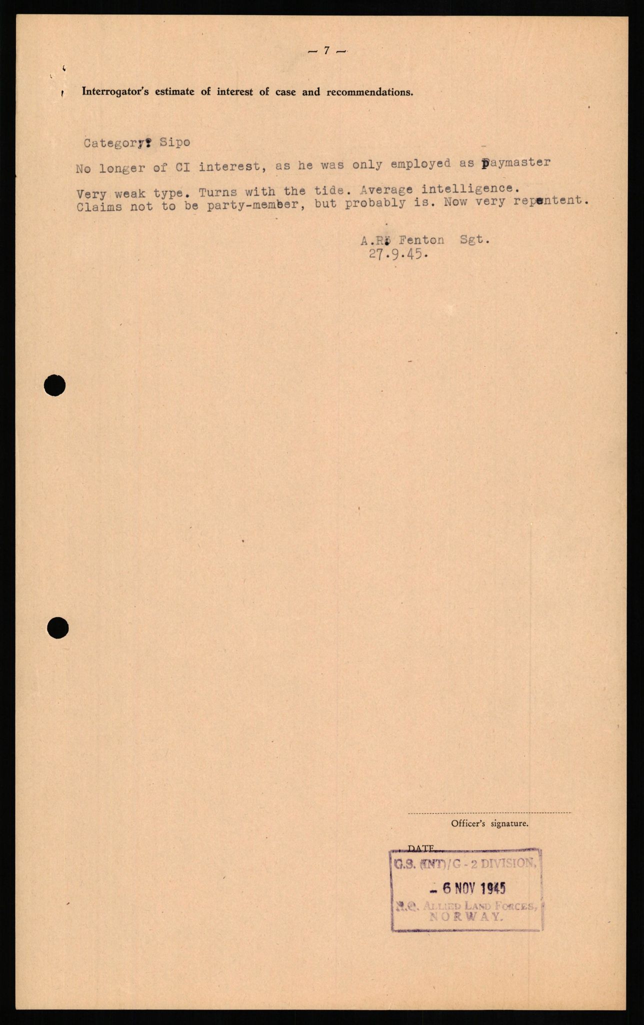 Forsvaret, Forsvarets overkommando II, RA/RAFA-3915/D/Db/L0014: CI Questionaires. Tyske okkupasjonsstyrker i Norge. Tyskere., 1945-1946, p. 462