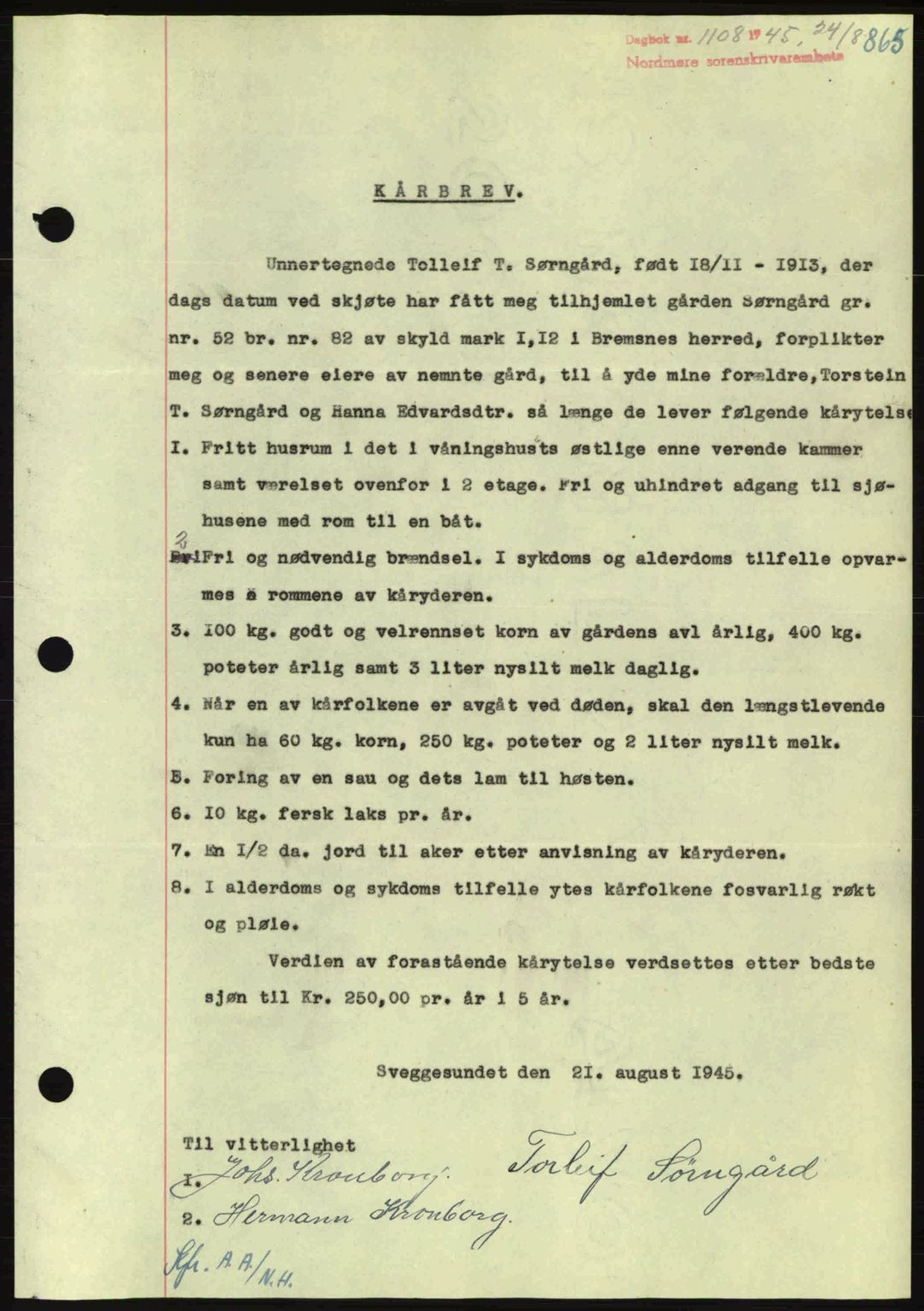 Nordmøre sorenskriveri, AV/SAT-A-4132/1/2/2Ca: Mortgage book no. B92, 1944-1945, Diary no: : 1108/1945