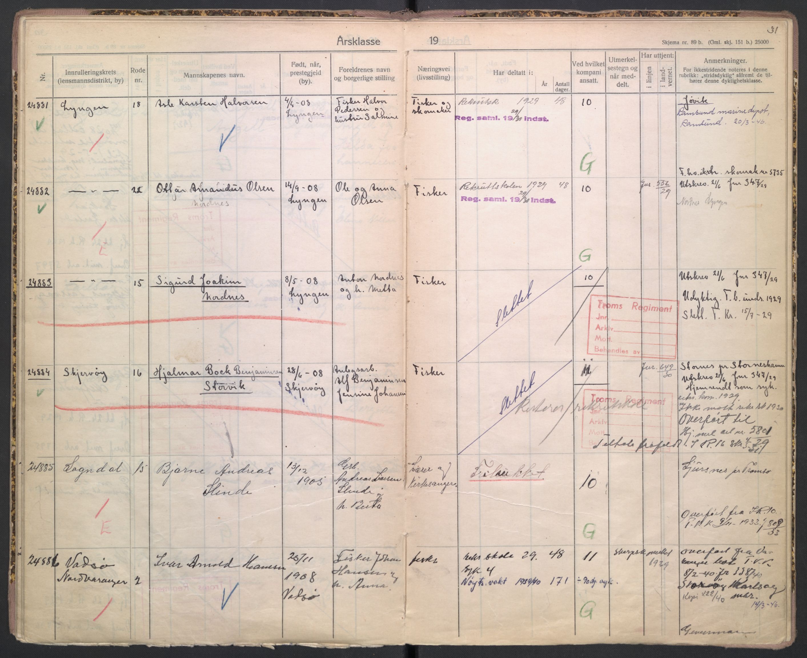 Forsvaret, Troms infanteriregiment nr. 16, AV/RA-RAFA-3146/P/Pa/L0005/0002: Ruller / Rulle for Lyngen bataljons menige mannskaper, årsklasse 1929, 1929, p. 31