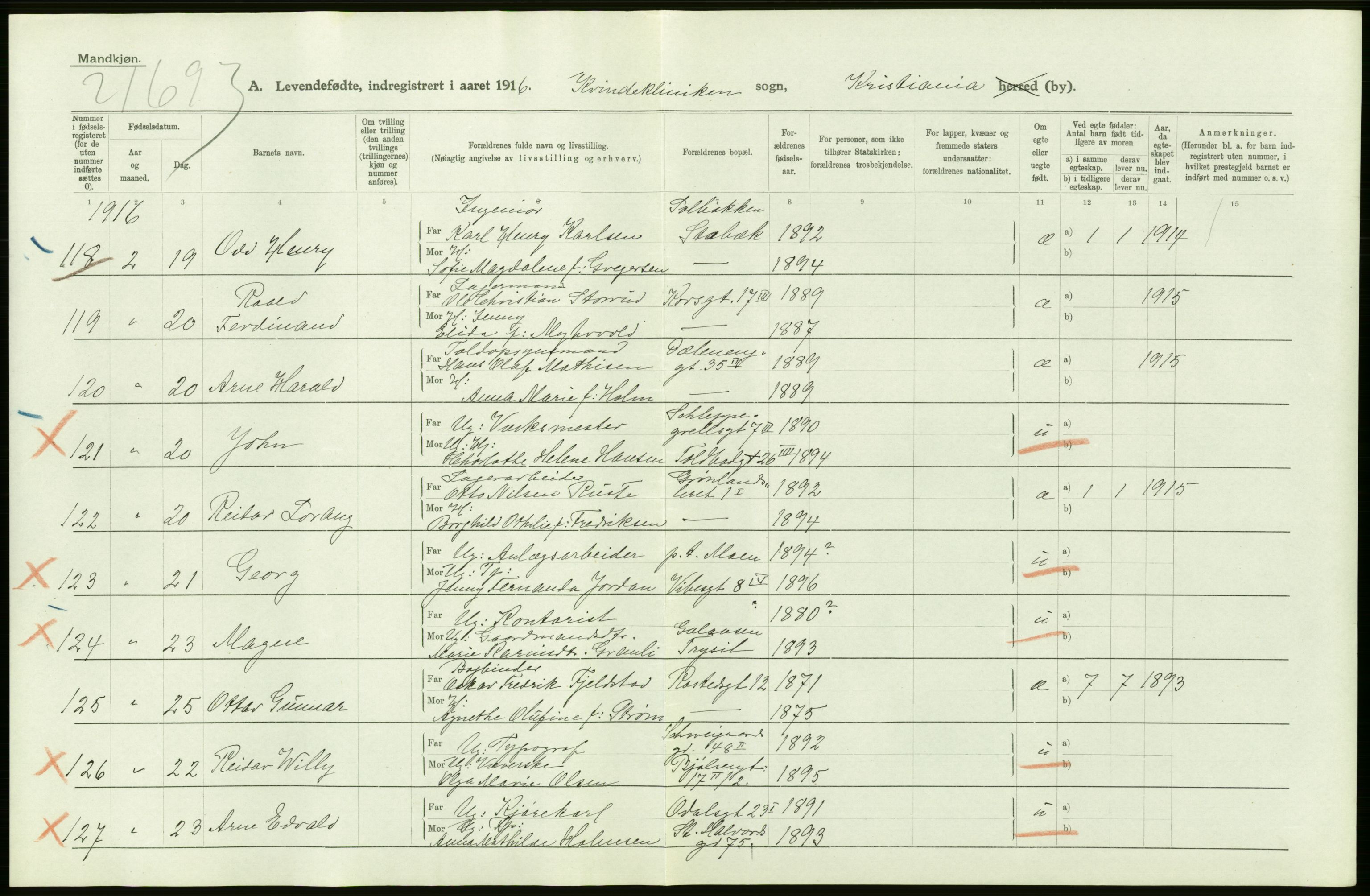 Statistisk sentralbyrå, Sosiodemografiske emner, Befolkning, AV/RA-S-2228/D/Df/Dfb/Dfbf/L0007: Kristiania: Levendefødte menn og kvinner., 1916, p. 26