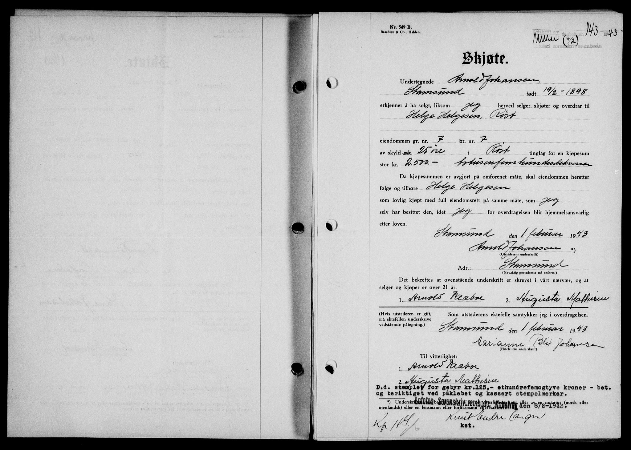 Lofoten sorenskriveri, SAT/A-0017/1/2/2C/L0010a: Mortgage book no. 10a, 1942-1943, Diary no: : 143/1943