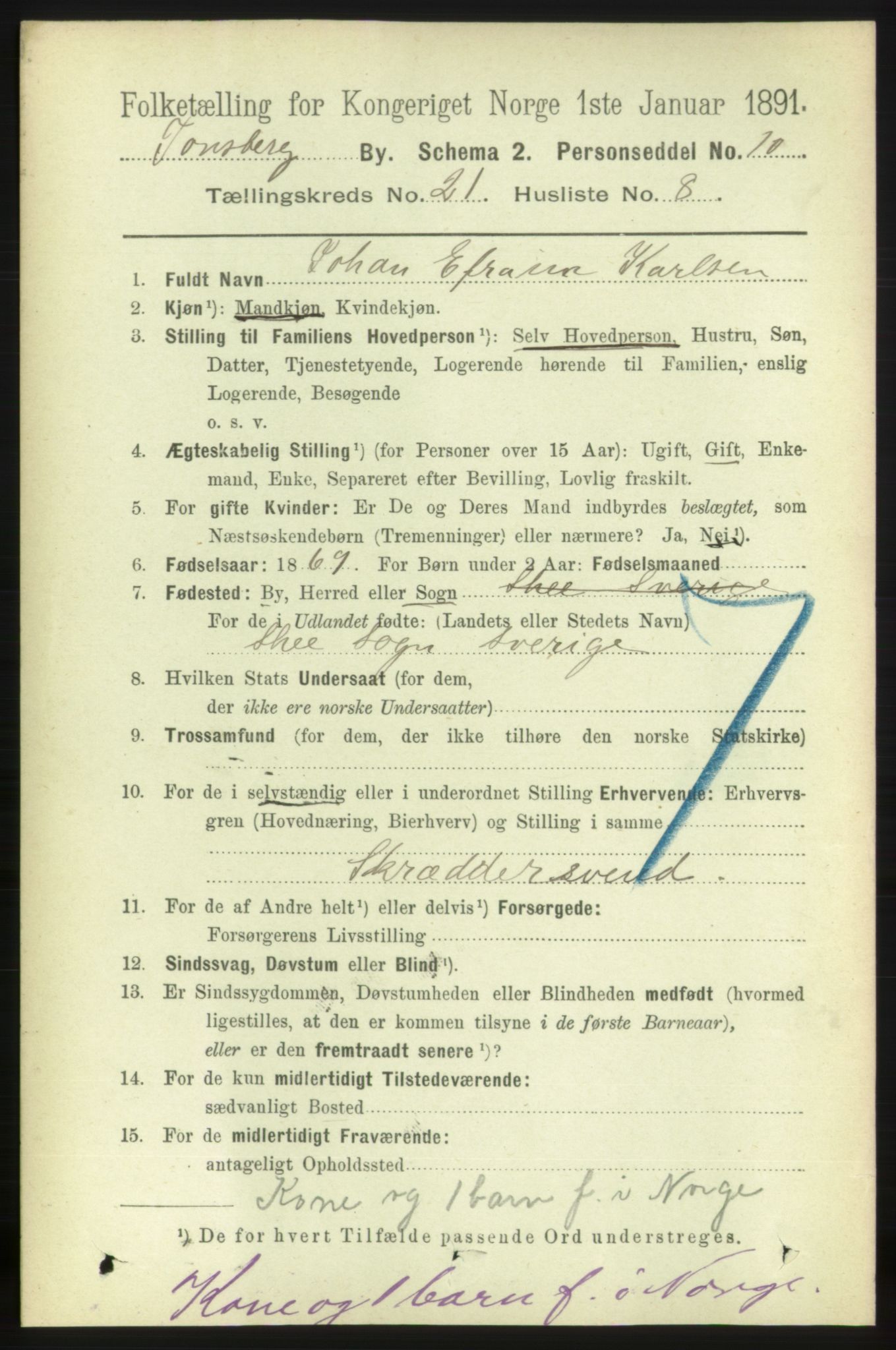 RA, 1891 census for 0705 Tønsberg, 1891, p. 5761