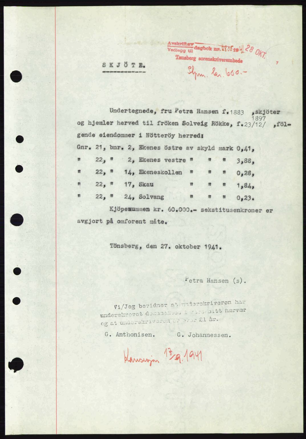 Tønsberg sorenskriveri, AV/SAKO-A-130/G/Ga/Gaa/L0010: Mortgage book no. A10, 1941-1941, Diary no: : 2805/1941