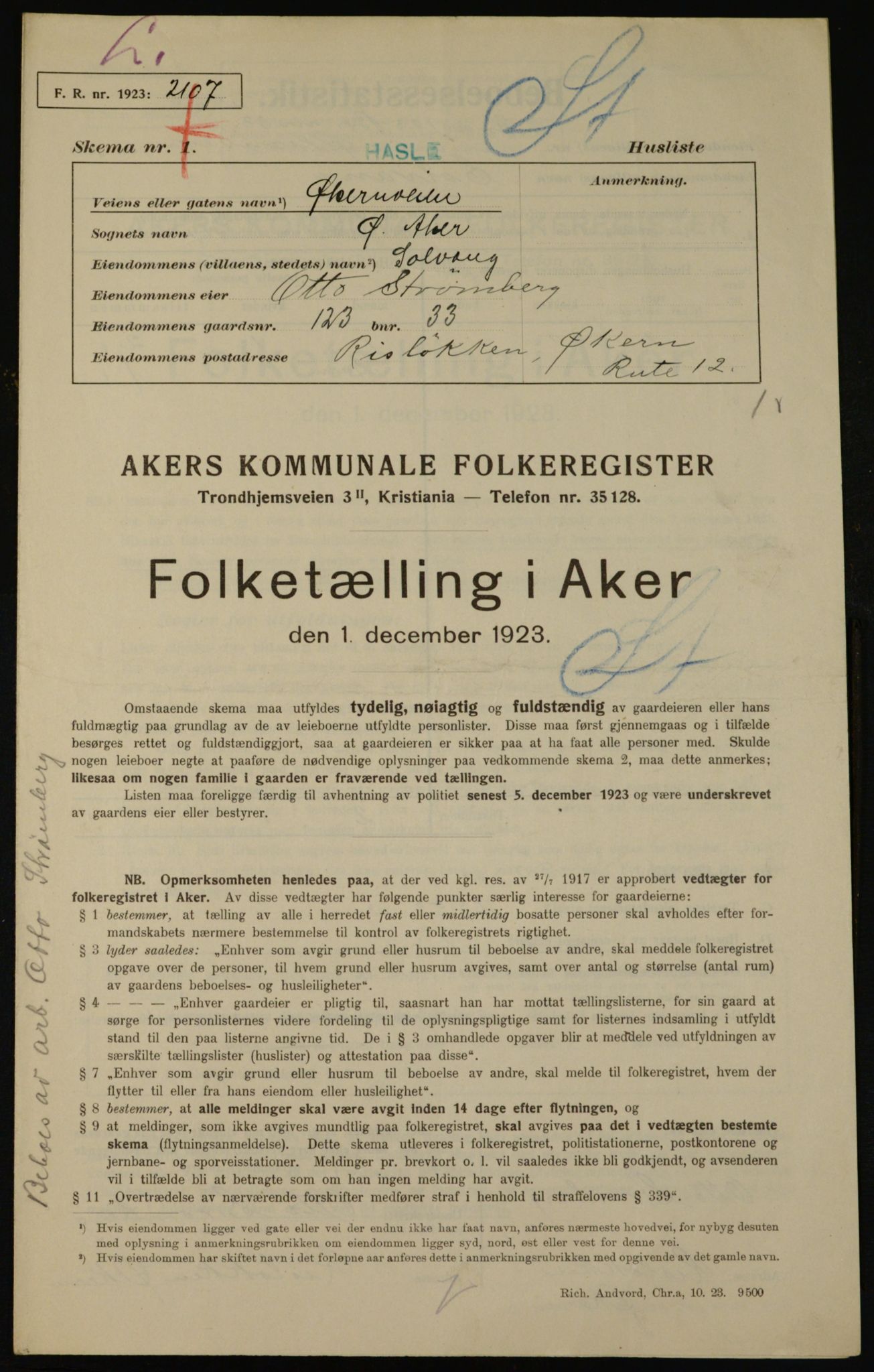 , Municipal Census 1923 for Aker, 1923, p. 35809