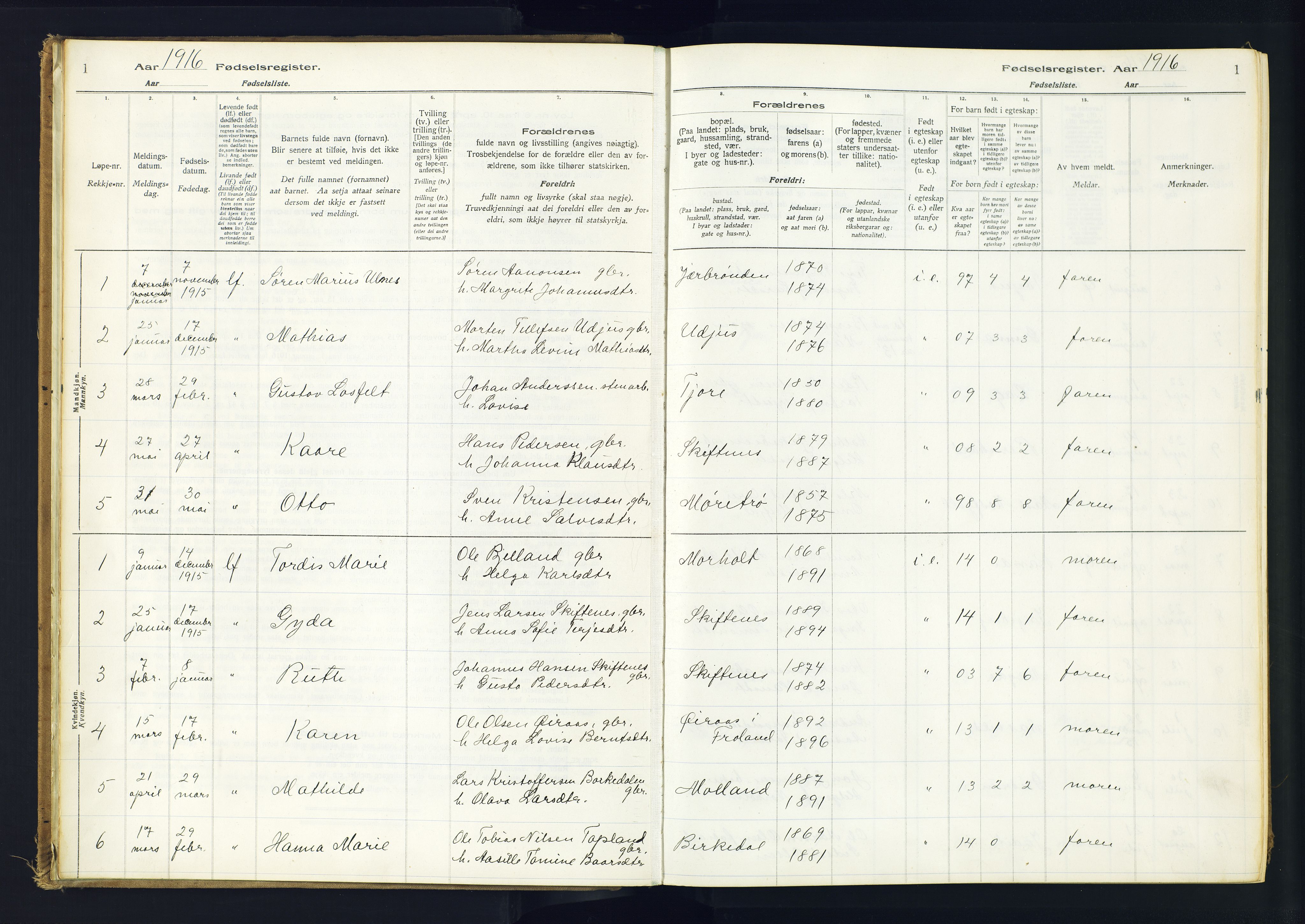 Hommedal sokneprestkontor, SAK/1111-0023/J/Jd/L0001: Birth register no. 1, 1916-1962, p. 1