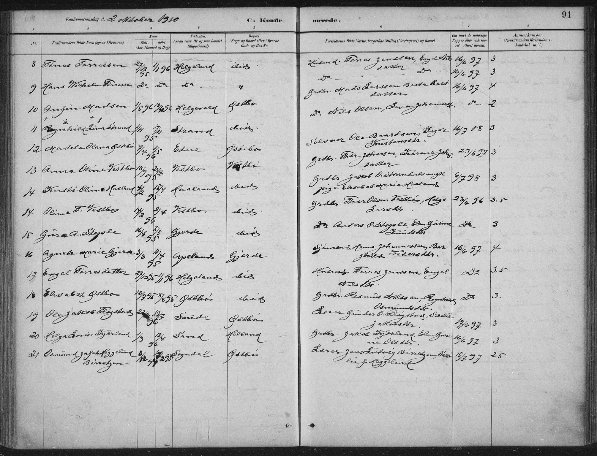 Vikedal sokneprestkontor, AV/SAST-A-101840/01/IV: Parish register (official) no. A 11, 1884-1933, p. 91