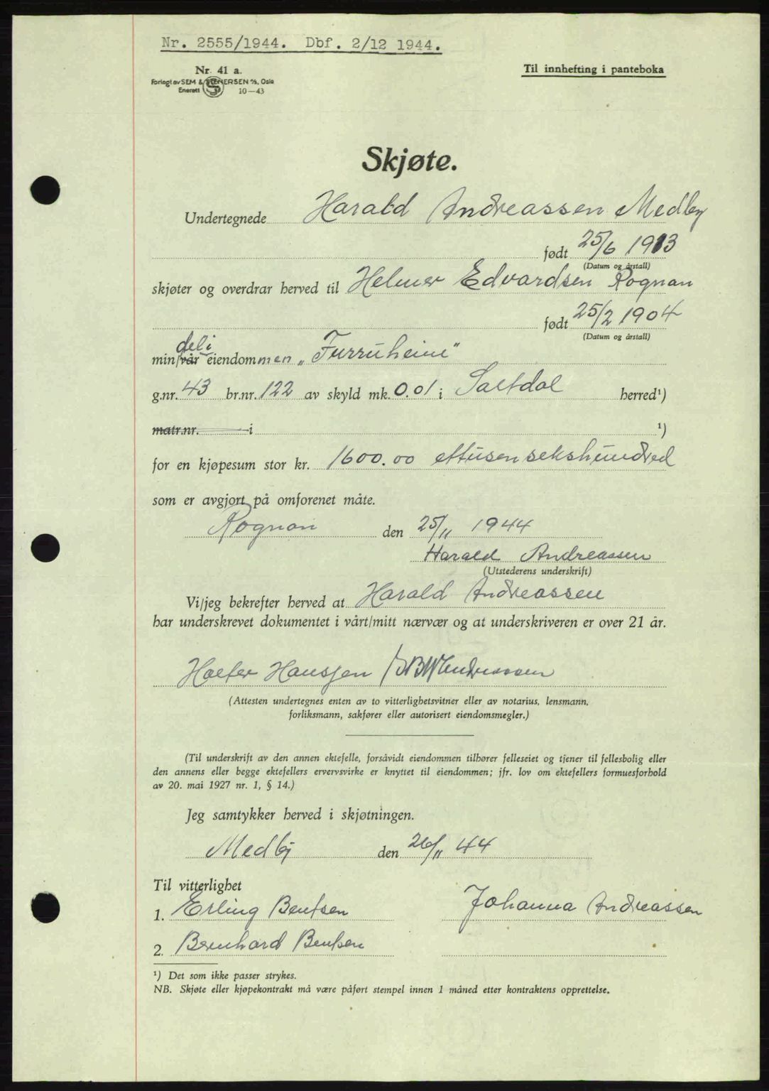 Salten sorenskriveri, AV/SAT-A-4578/1/2/2C: Mortgage book no. A14-15, 1943-1945, Diary no: : 2555/1944