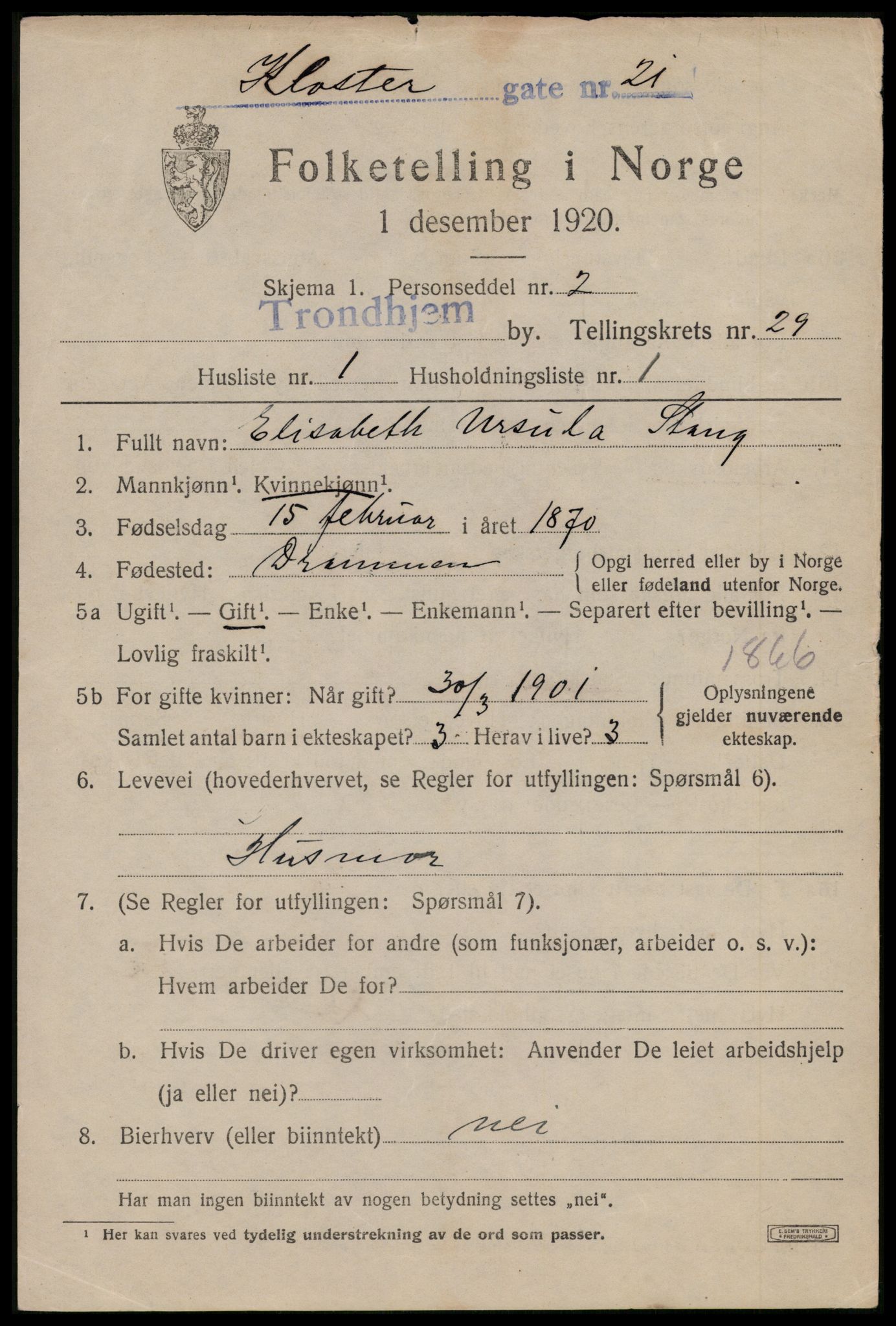 SAT, 1920 census for Trondheim, 1920, p. 72138