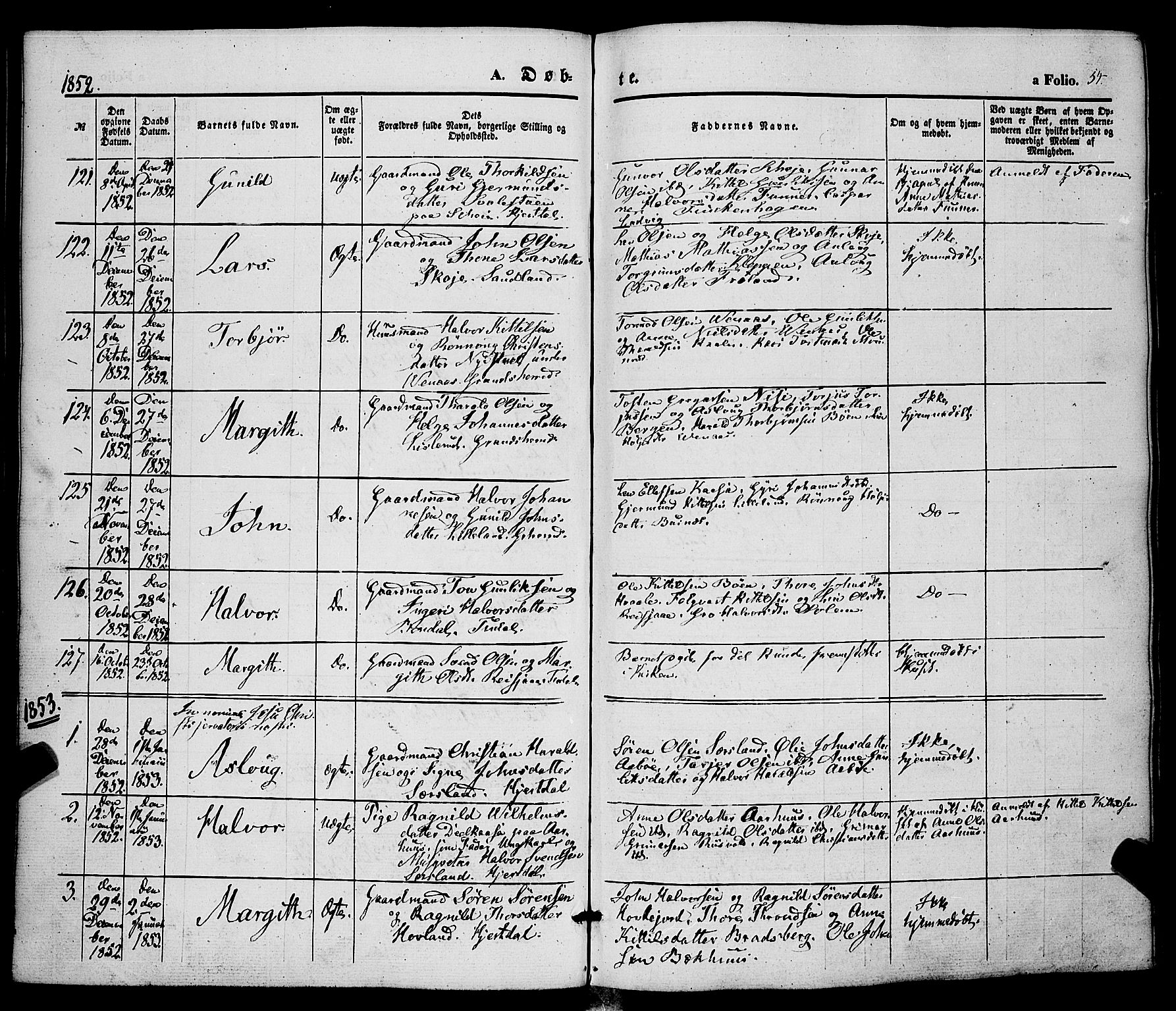 Hjartdal kirkebøker, AV/SAKO-A-270/F/Fa/L0008: Parish register (official) no. I 8, 1844-1859, p. 54