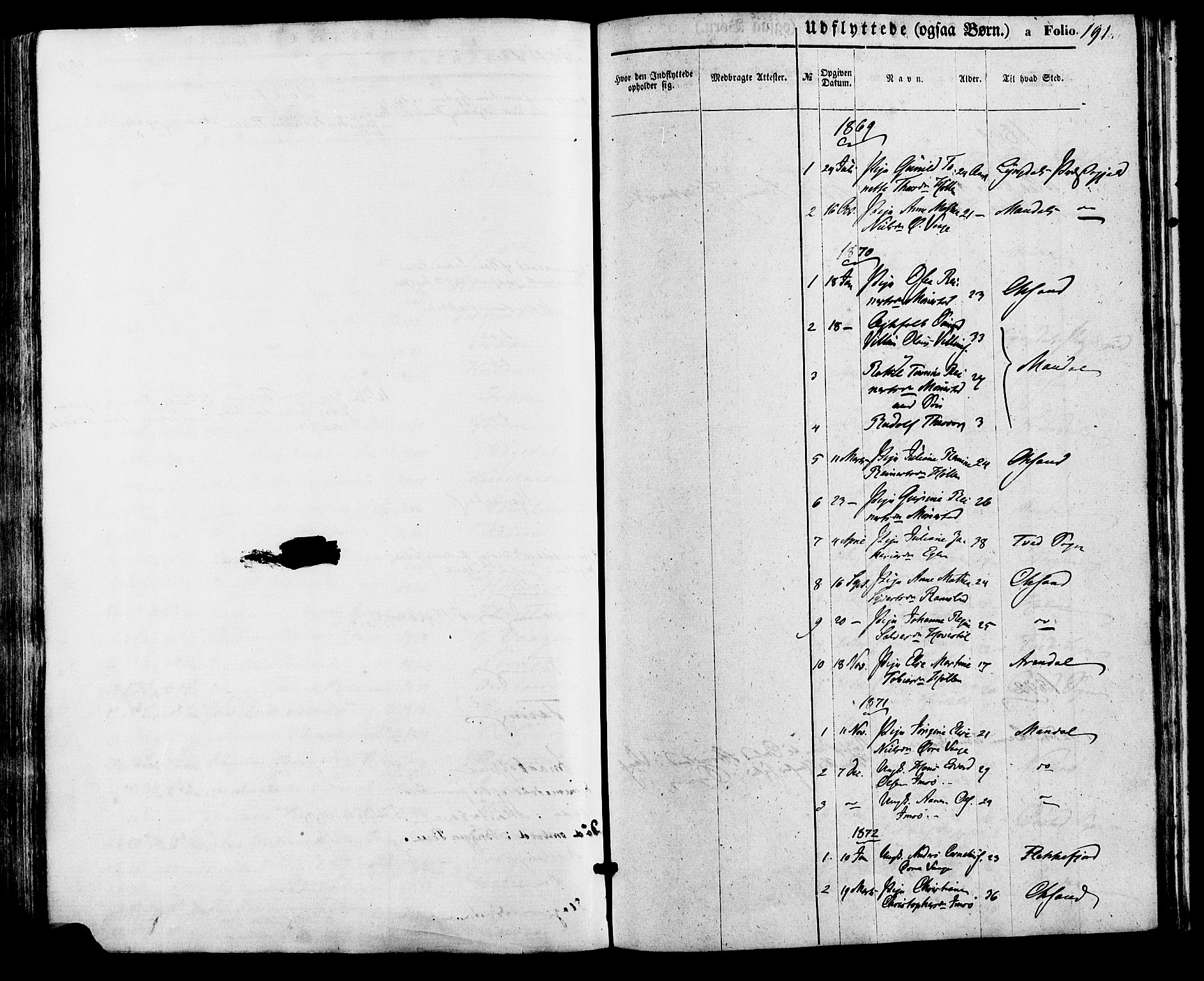 Sør-Audnedal sokneprestkontor, SAK/1111-0039/F/Fa/Faa/L0003: Parish register (official) no. A 3, 1868-1883, p. 191