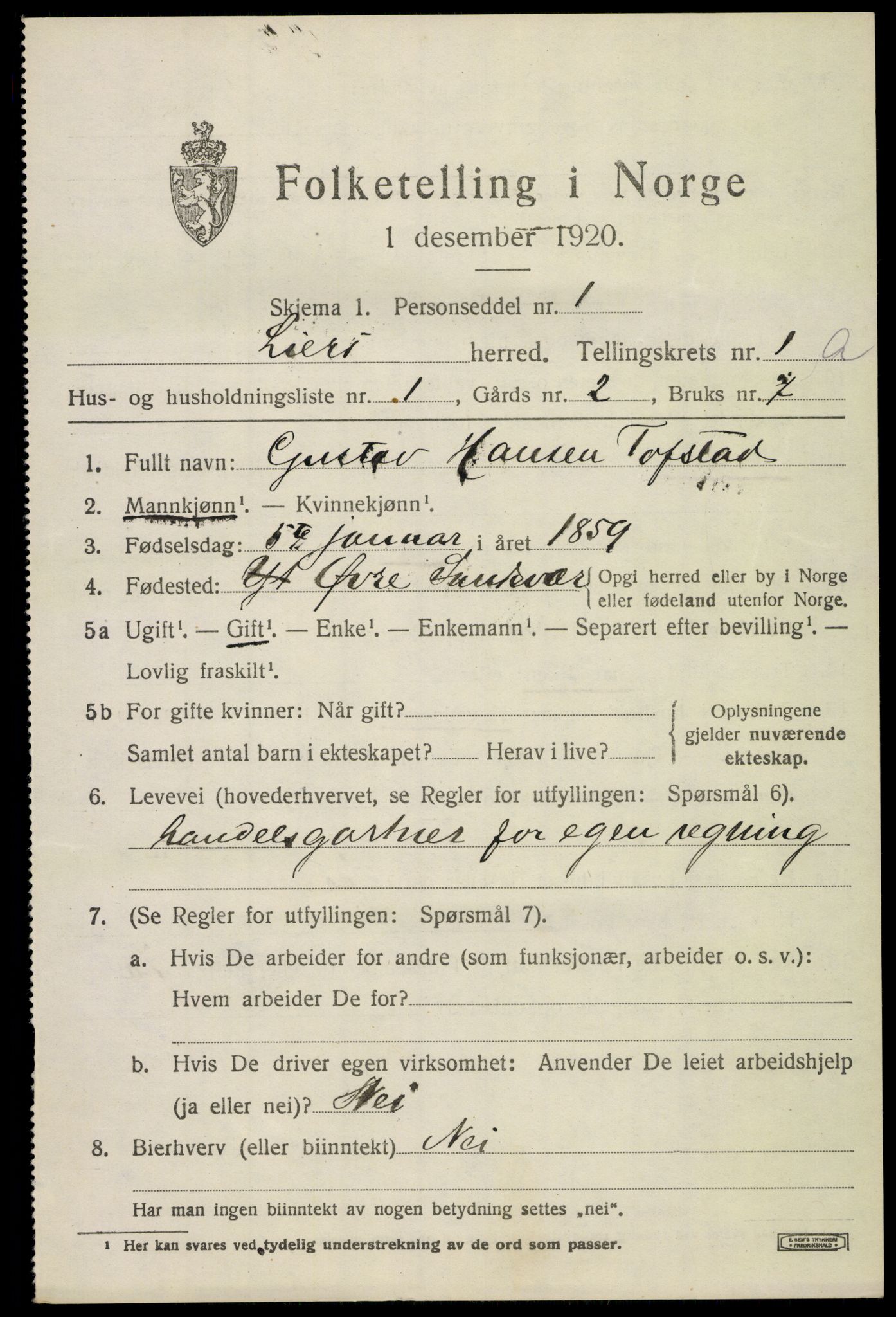 SAKO, 1920 census for Lier, 1920, p. 3224