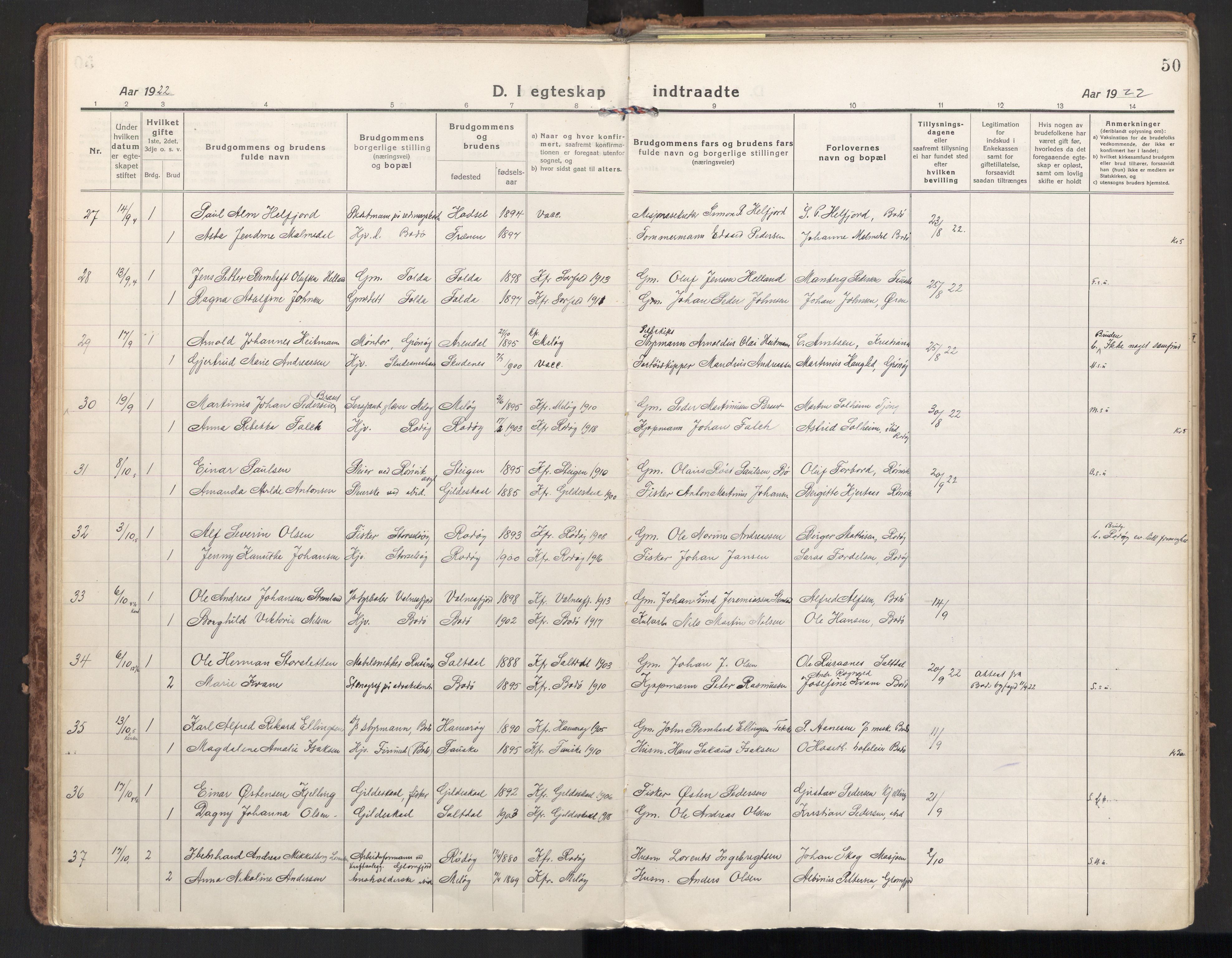 Ministerialprotokoller, klokkerbøker og fødselsregistre - Nordland, SAT/A-1459/801/L0018: Parish register (official) no. 801A18, 1916-1930, p. 50