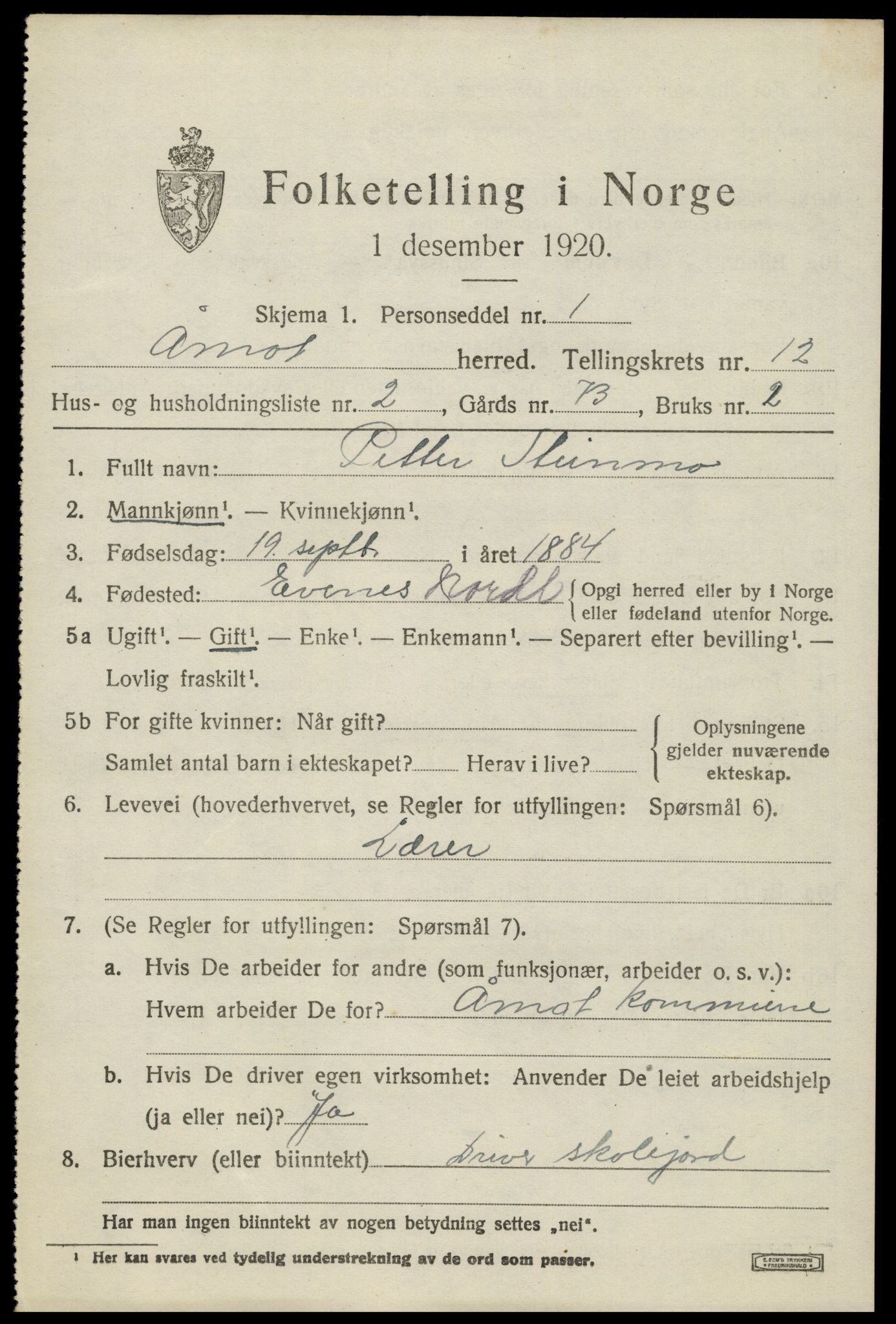 SAH, 1920 census for Åmot, 1920, p. 9615