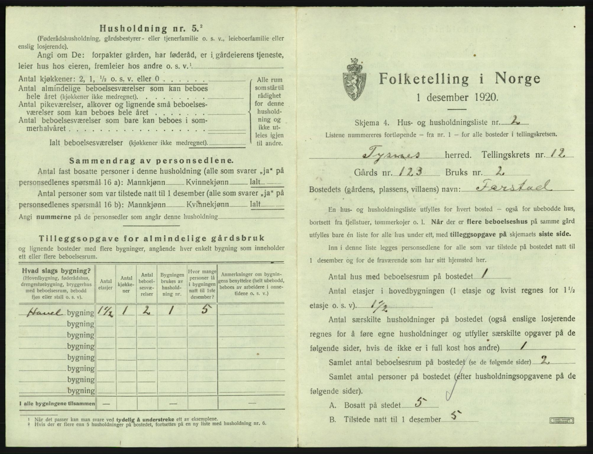 SAB, 1920 census for Tysnes, 1920, p. 1225