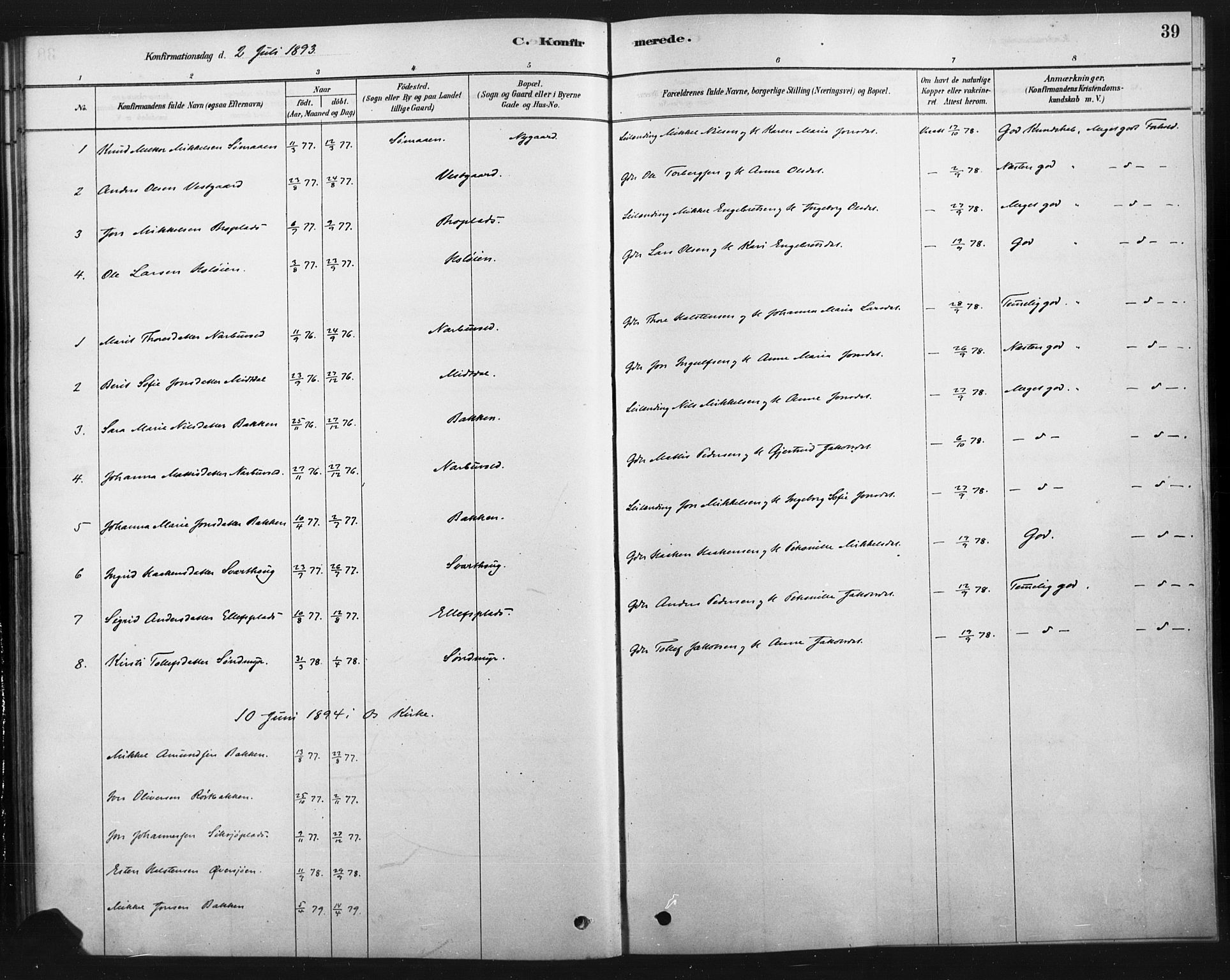 Tolga prestekontor, SAH/PREST-062/K/L0007: Parish register (official) no. 7, 1877-1900, p. 39