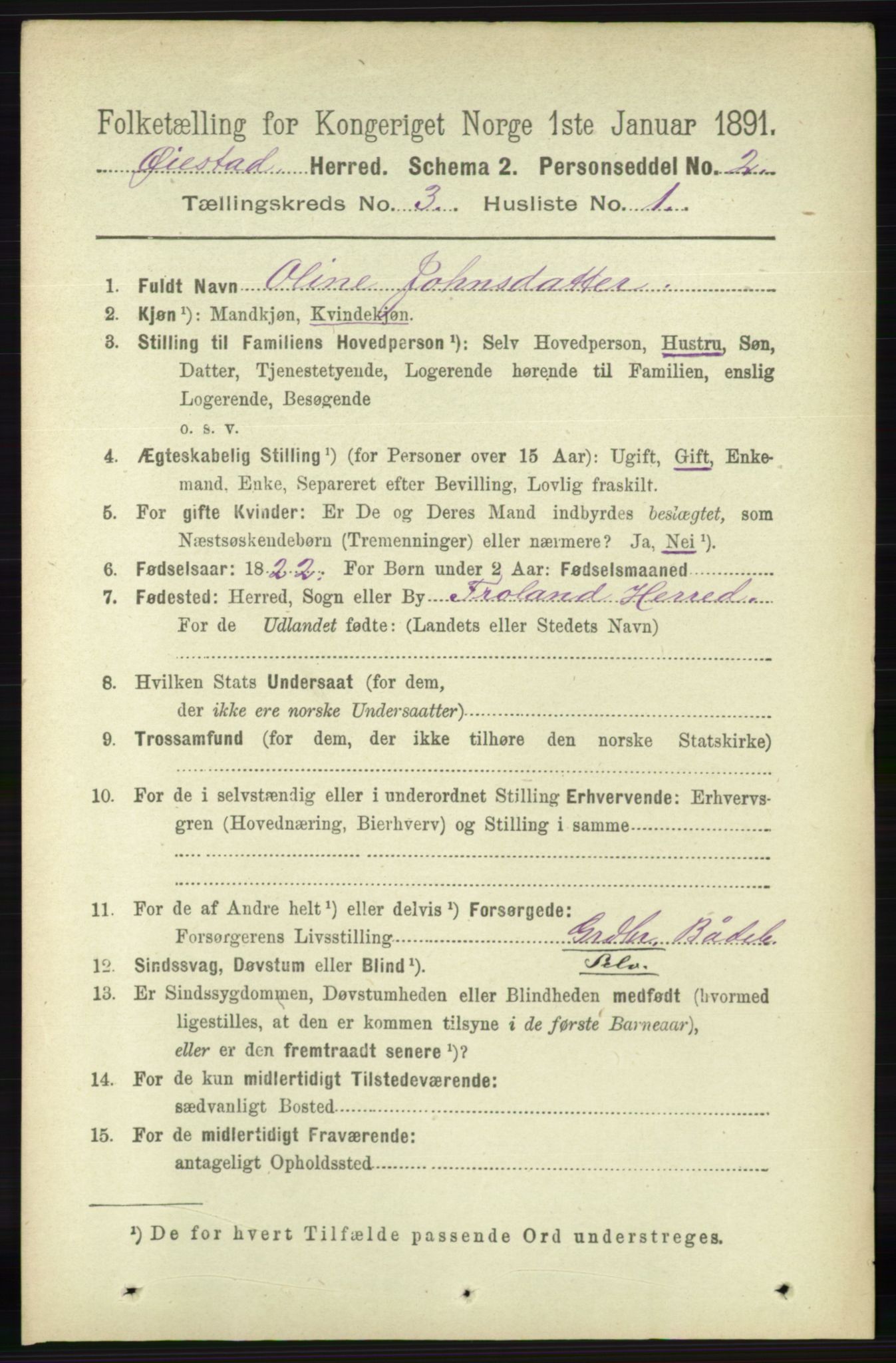 RA, 1891 census for 0920 Øyestad, 1891, p. 909