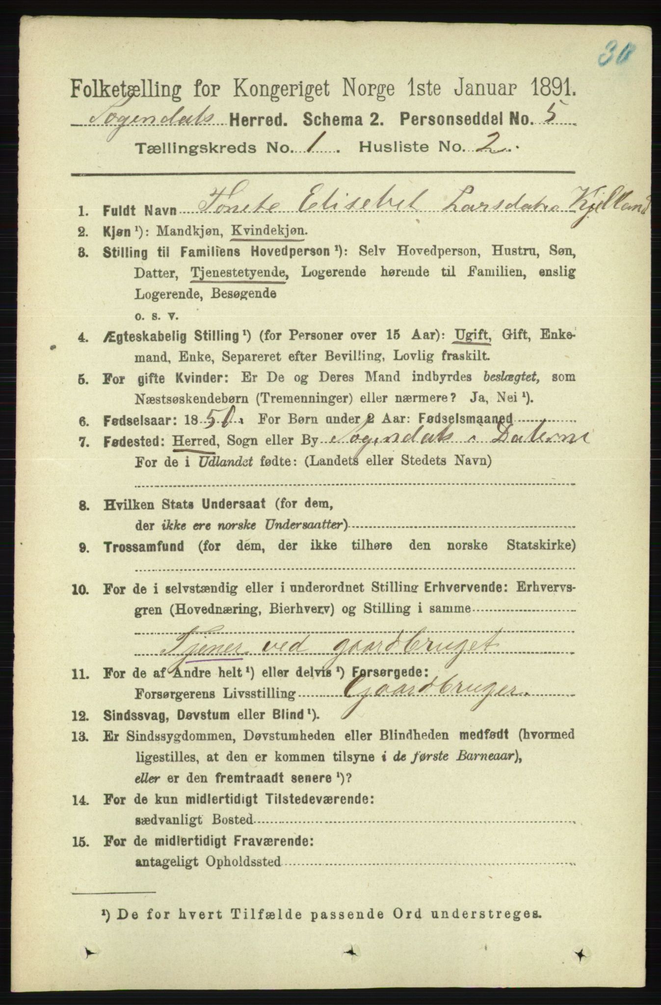 RA, 1891 census for 1111 Sokndal, 1891, p. 98