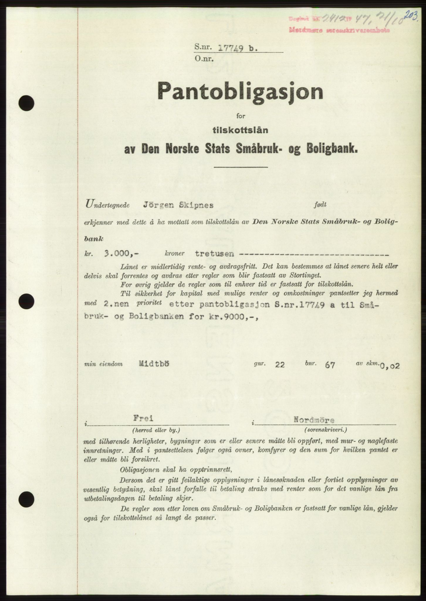 Nordmøre sorenskriveri, AV/SAT-A-4132/1/2/2Ca: Mortgage book no. B97, 1947-1948, Diary no: : 2412/1947