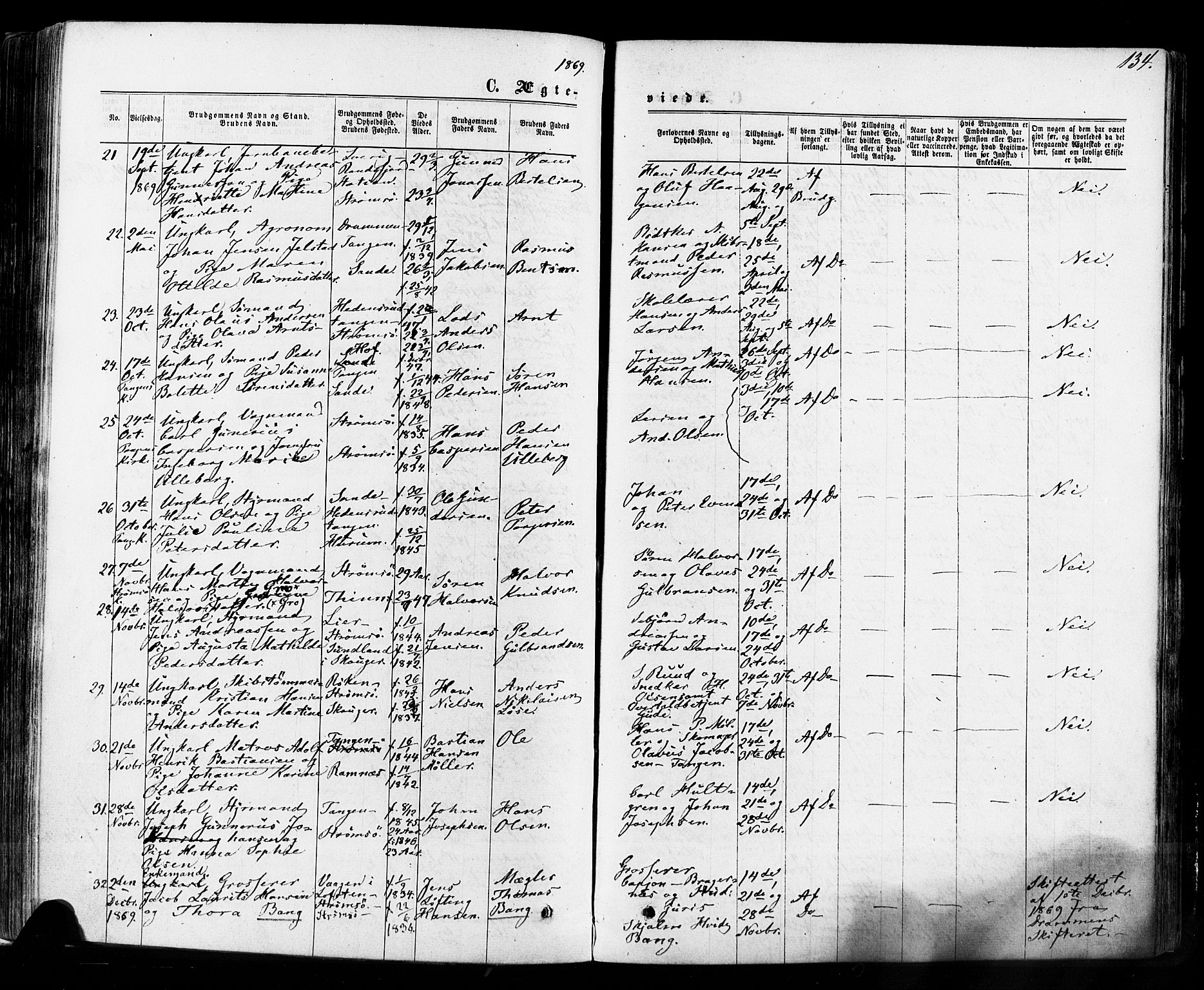 Strømsø kirkebøker, SAKO/A-246/F/Fa/L0018: Parish register (official) no. I 18, 1865-1878, p. 134