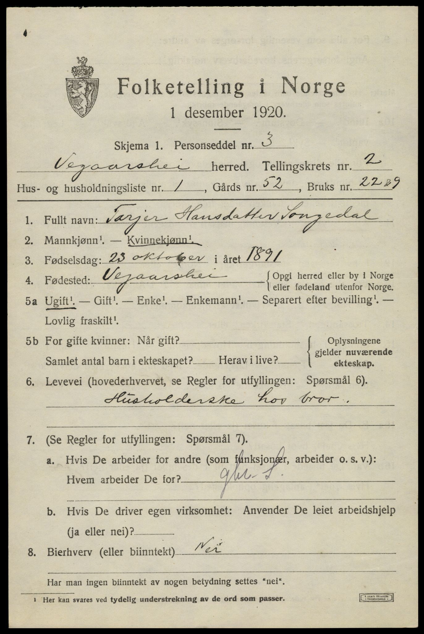 SAK, 1920 census for Vegårshei, 1920, p. 1220