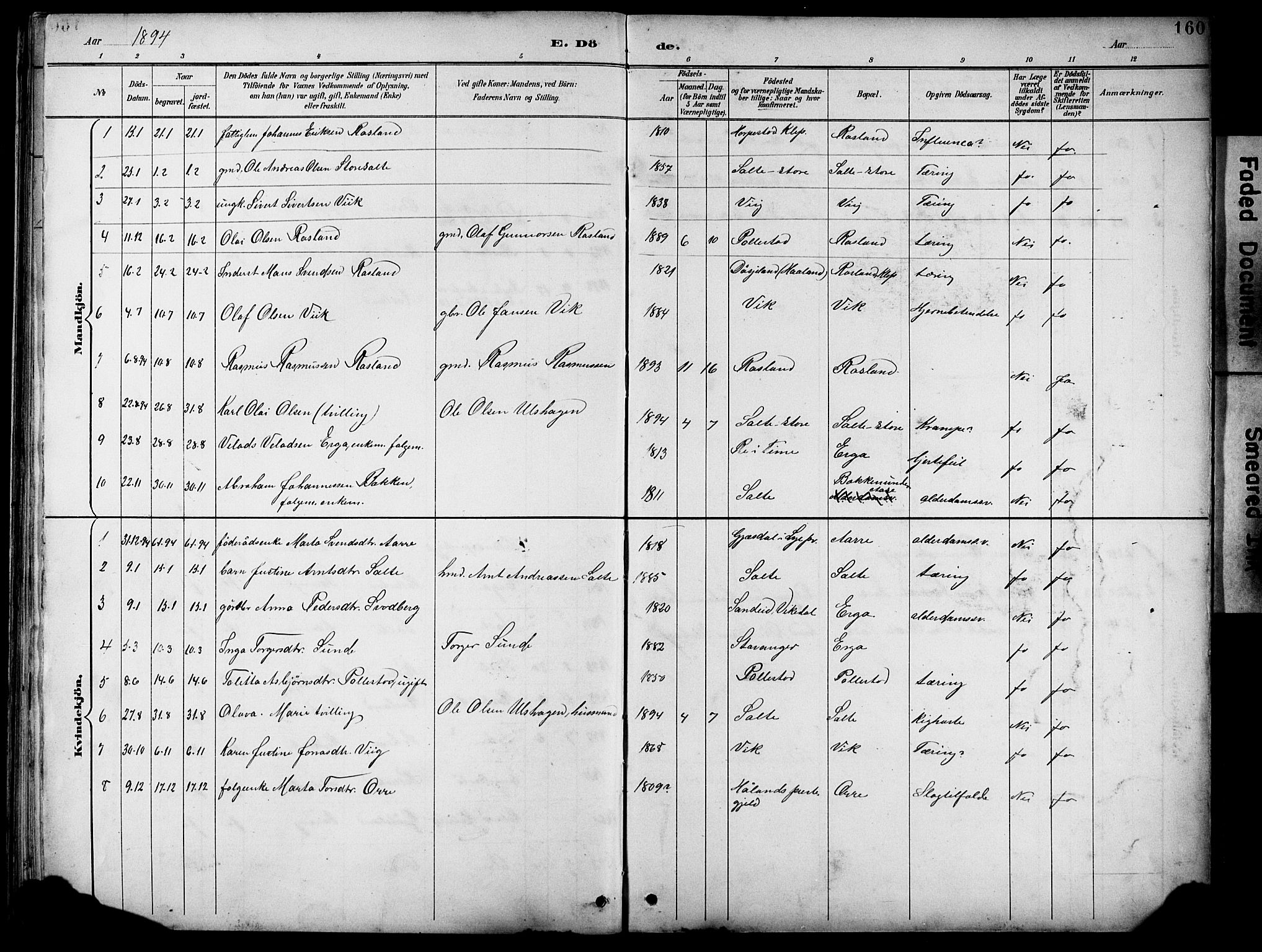 Klepp sokneprestkontor, SAST/A-101803/001/3/30BB/L0005: Parish register (copy) no. B 5, 1889-1918, p. 160
