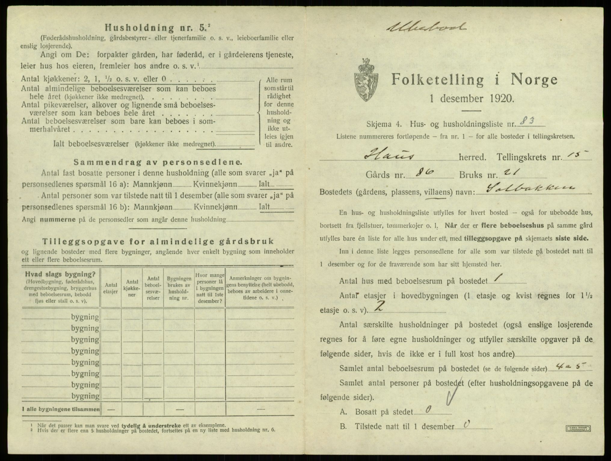 SAB, 1920 census for Haus, 1920, p. 1349