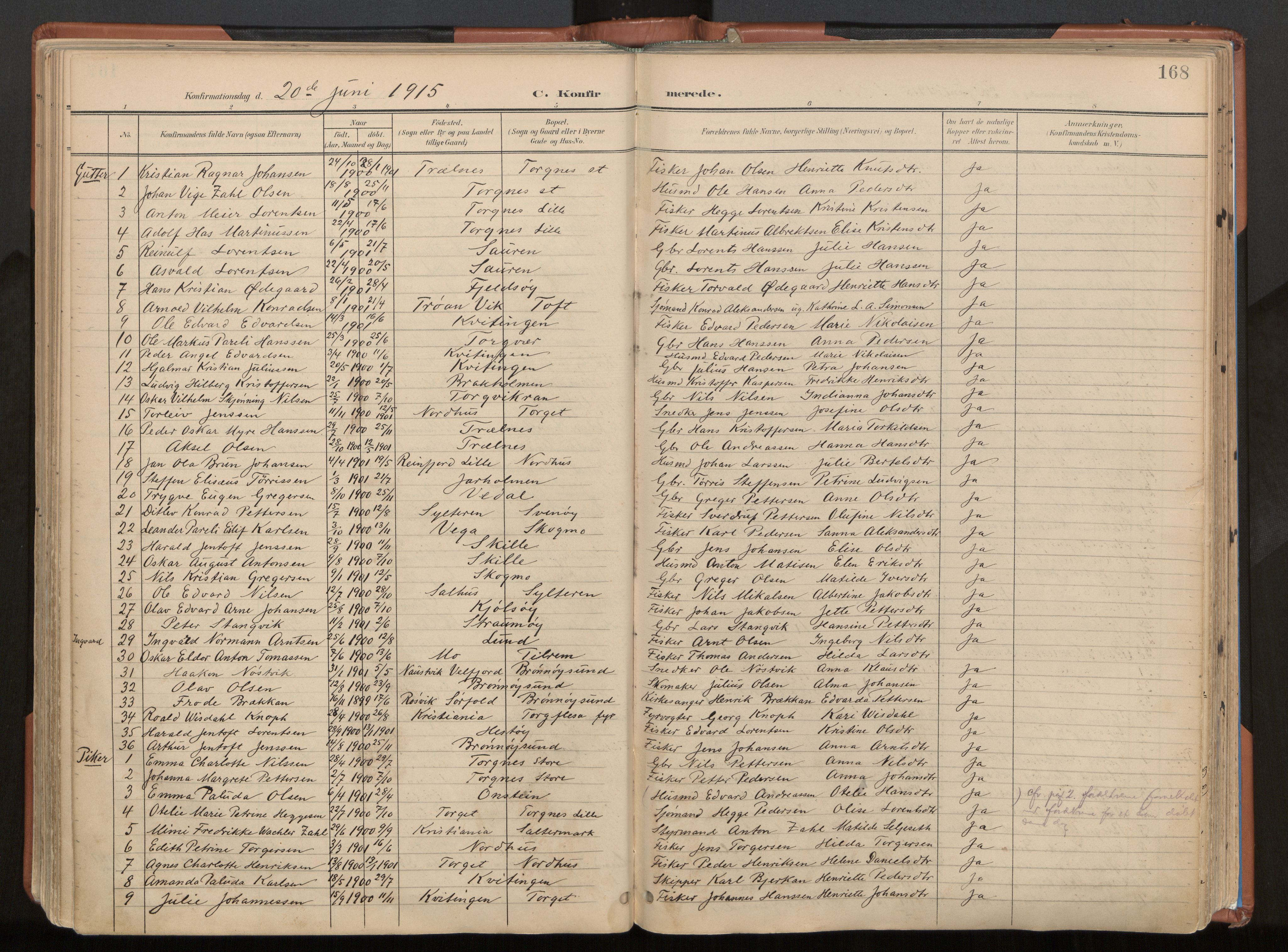 Ministerialprotokoller, klokkerbøker og fødselsregistre - Nordland, SAT/A-1459/813/L0201: Parish register (official) no. 813A11, 1901-1918, p. 168