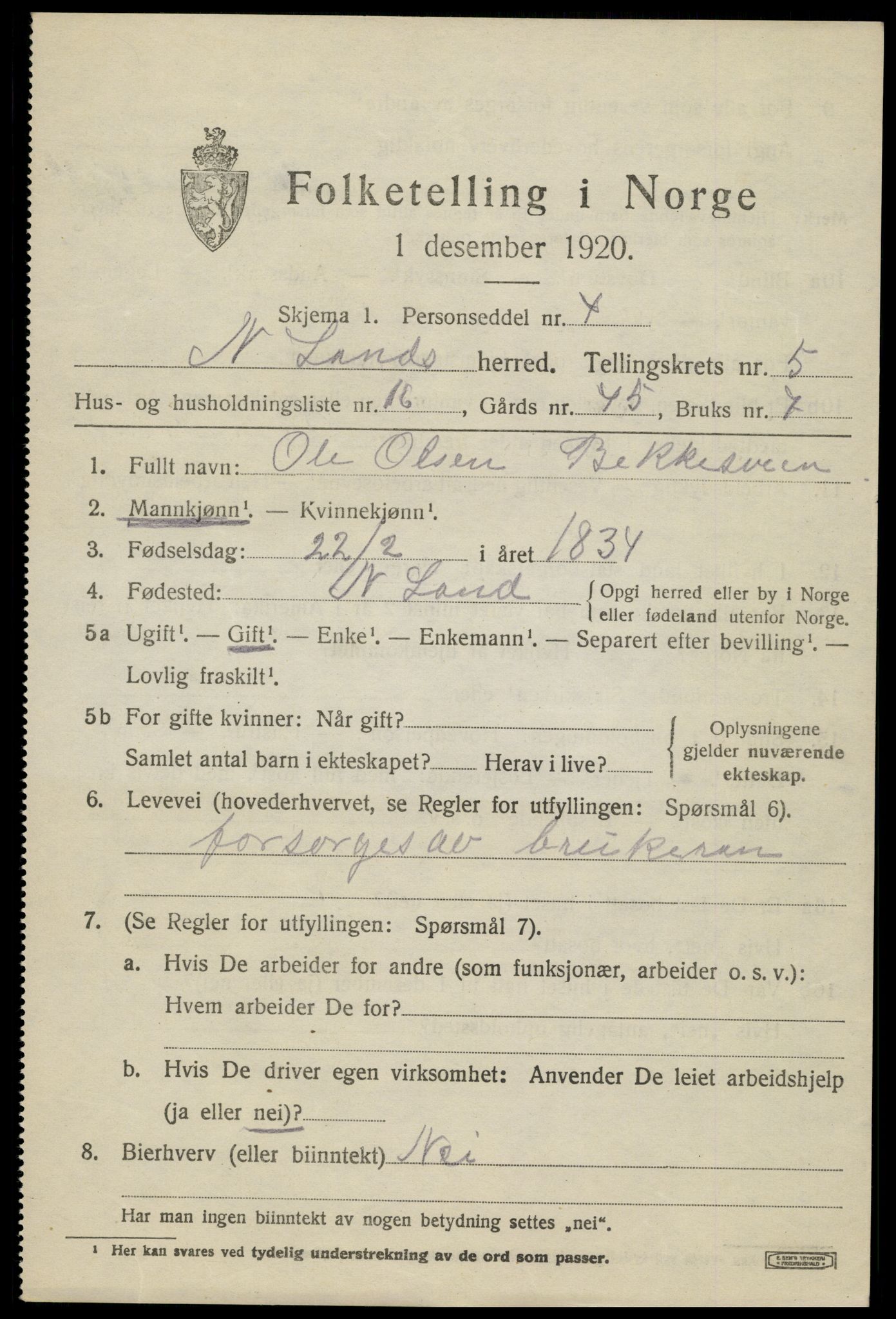 SAH, 1920 census for Nordre Land, 1920, p. 3850