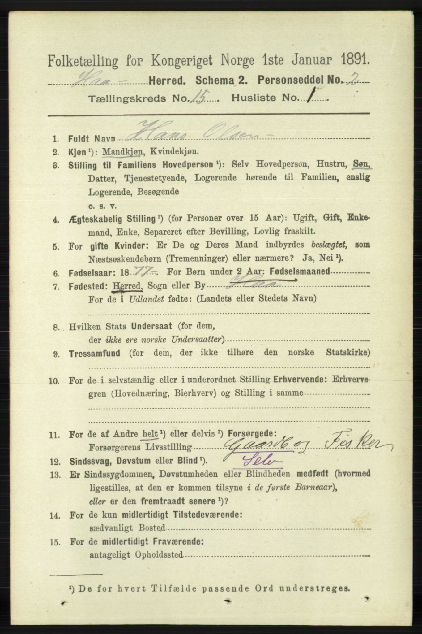 RA, 1891 census for 1119 Hå, 1891, p. 3640