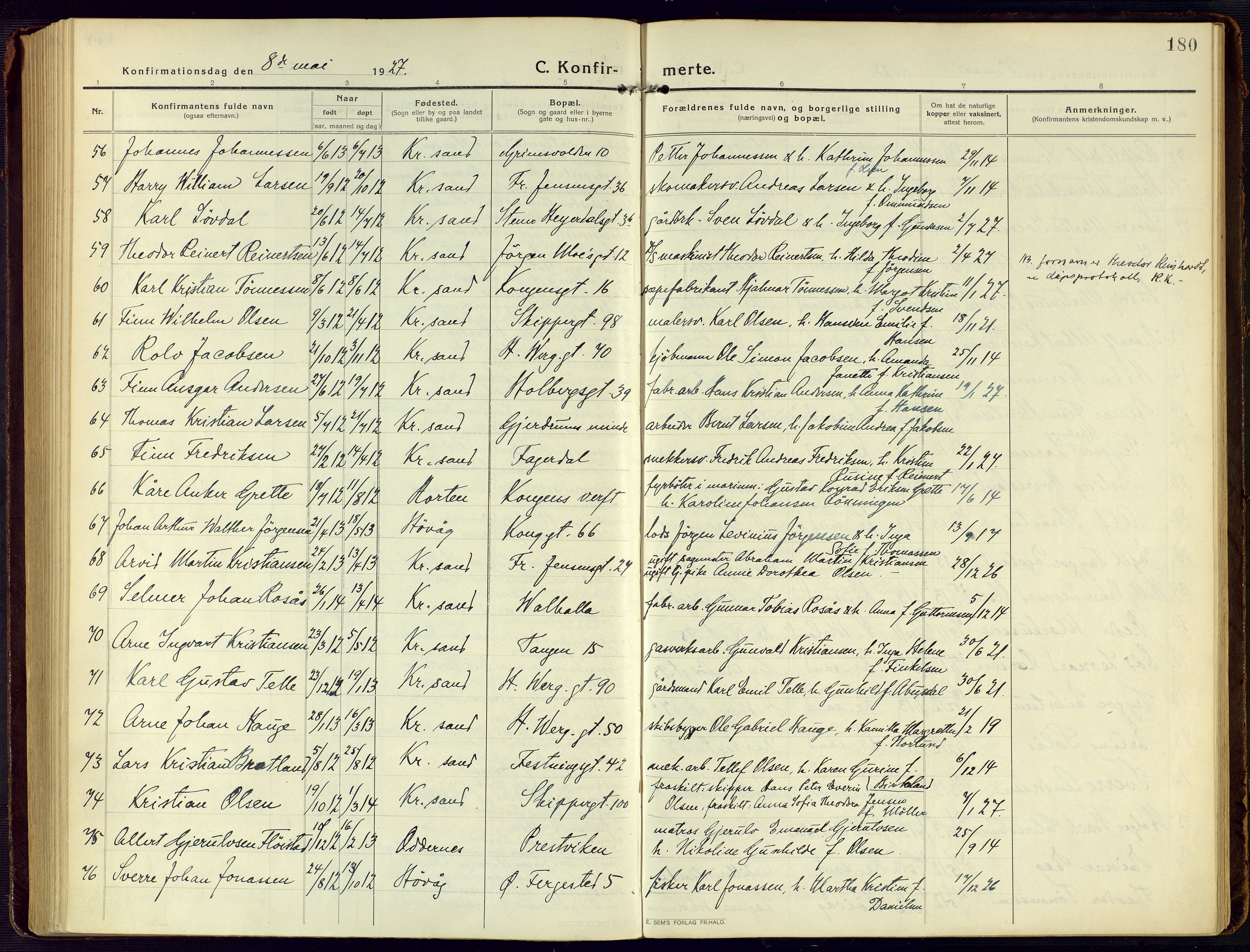 Kristiansand domprosti, SAK/1112-0006/F/Fa/L0026: Parish register (official) no. A 25, 1916-1928, p. 180