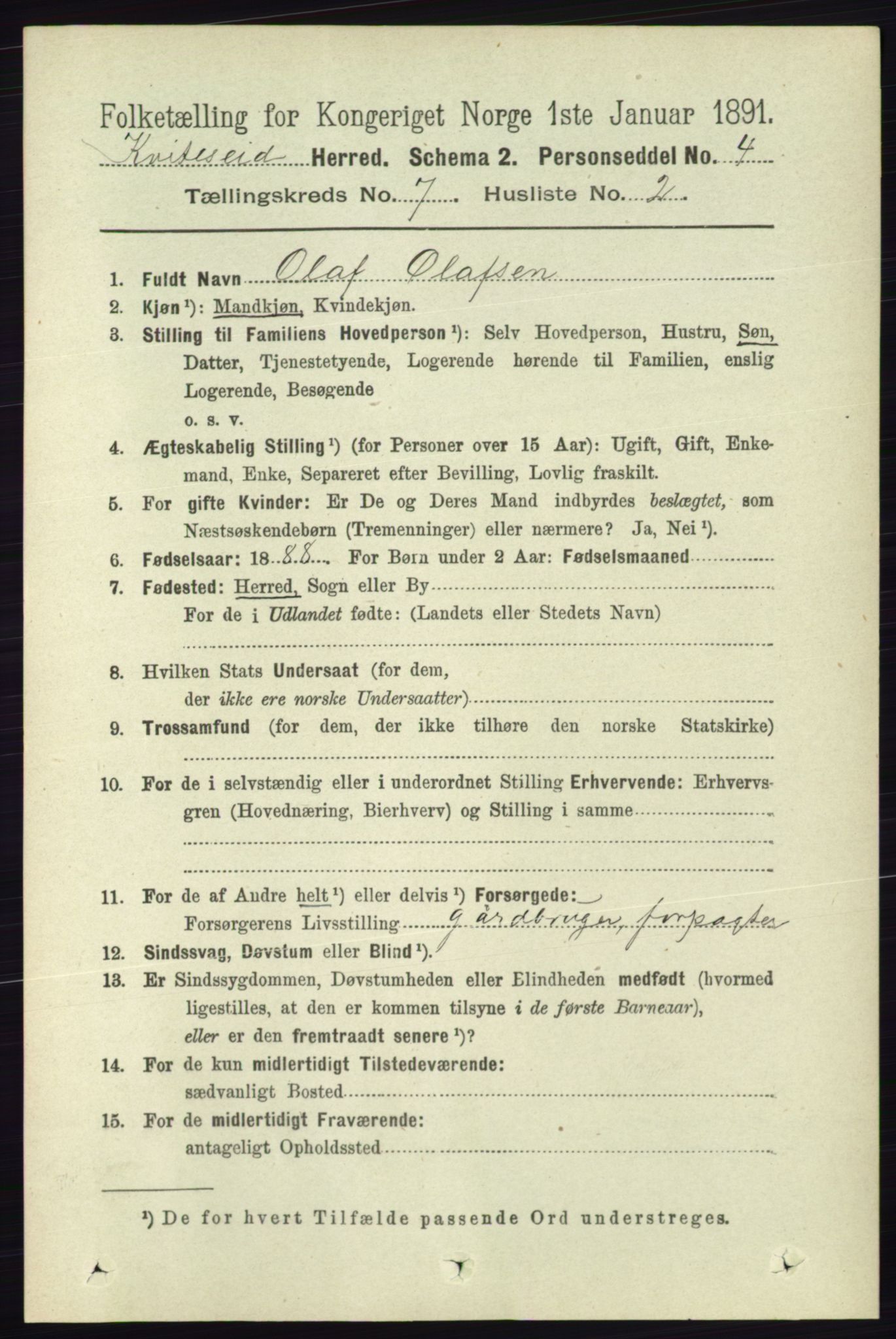 RA, 1891 census for 0829 Kviteseid, 1891, p. 1375