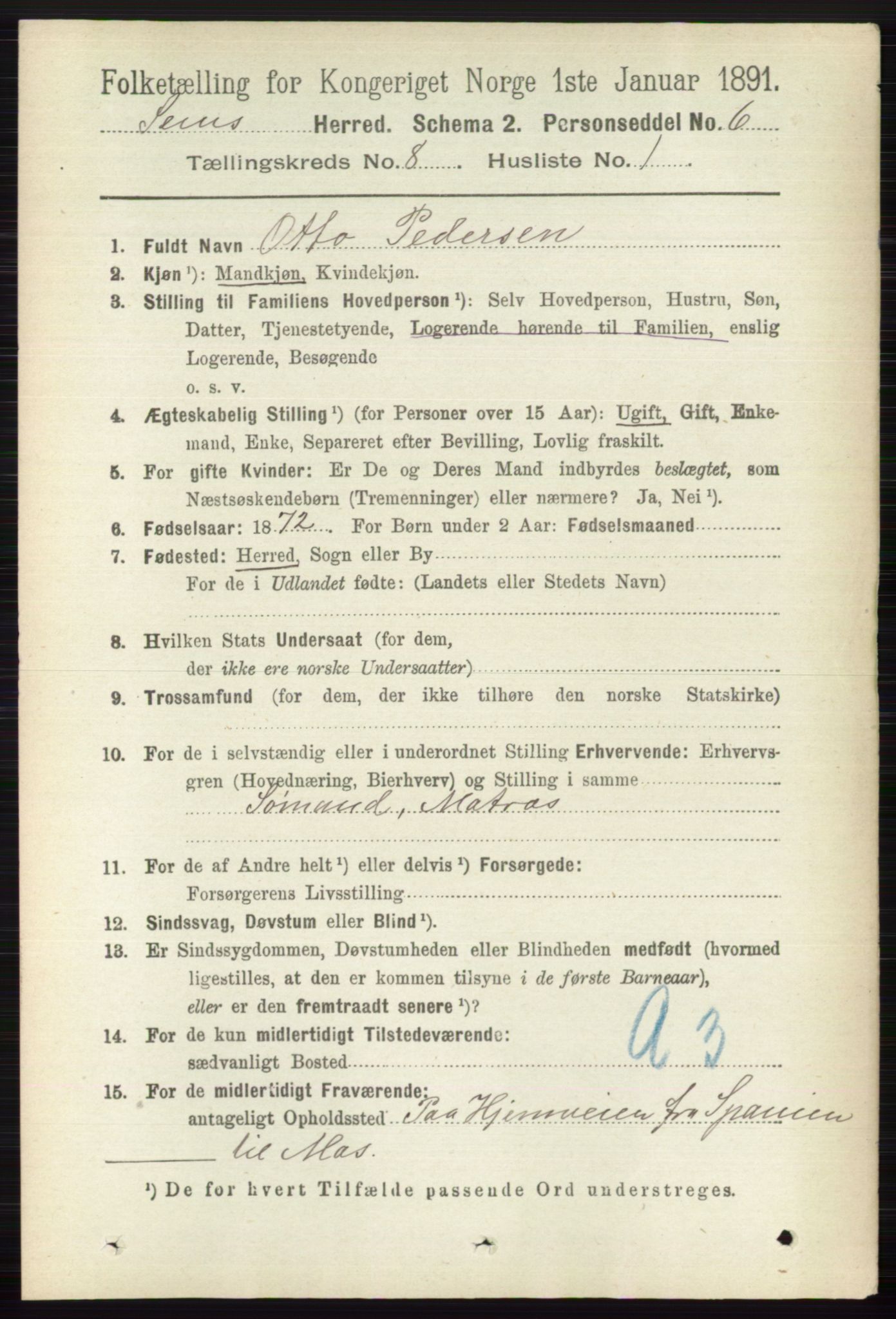 RA, 1891 census for 0721 Sem, 1891, p. 3822