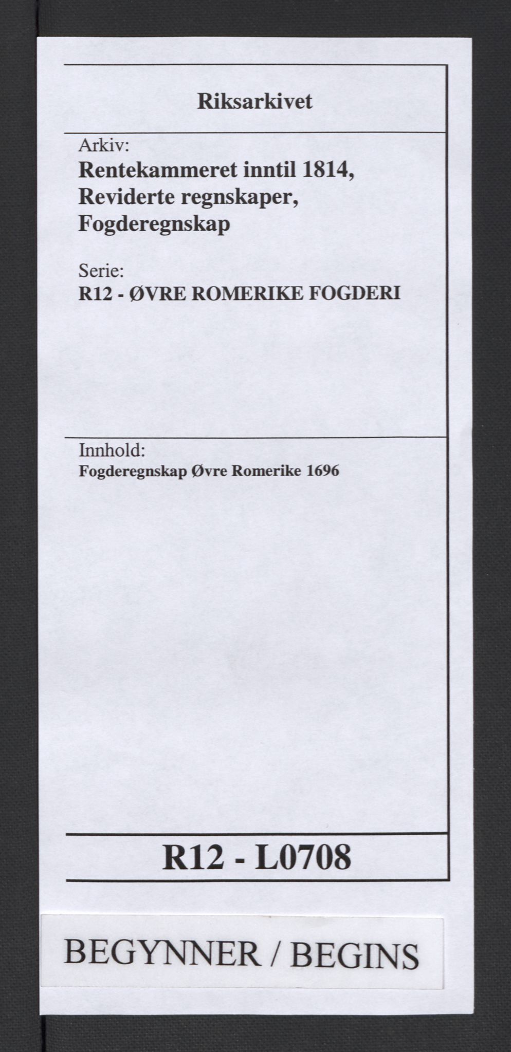 Rentekammeret inntil 1814, Reviderte regnskaper, Fogderegnskap, AV/RA-EA-4092/R12/L0708: Fogderegnskap Øvre Romerike, 1696, p. 1