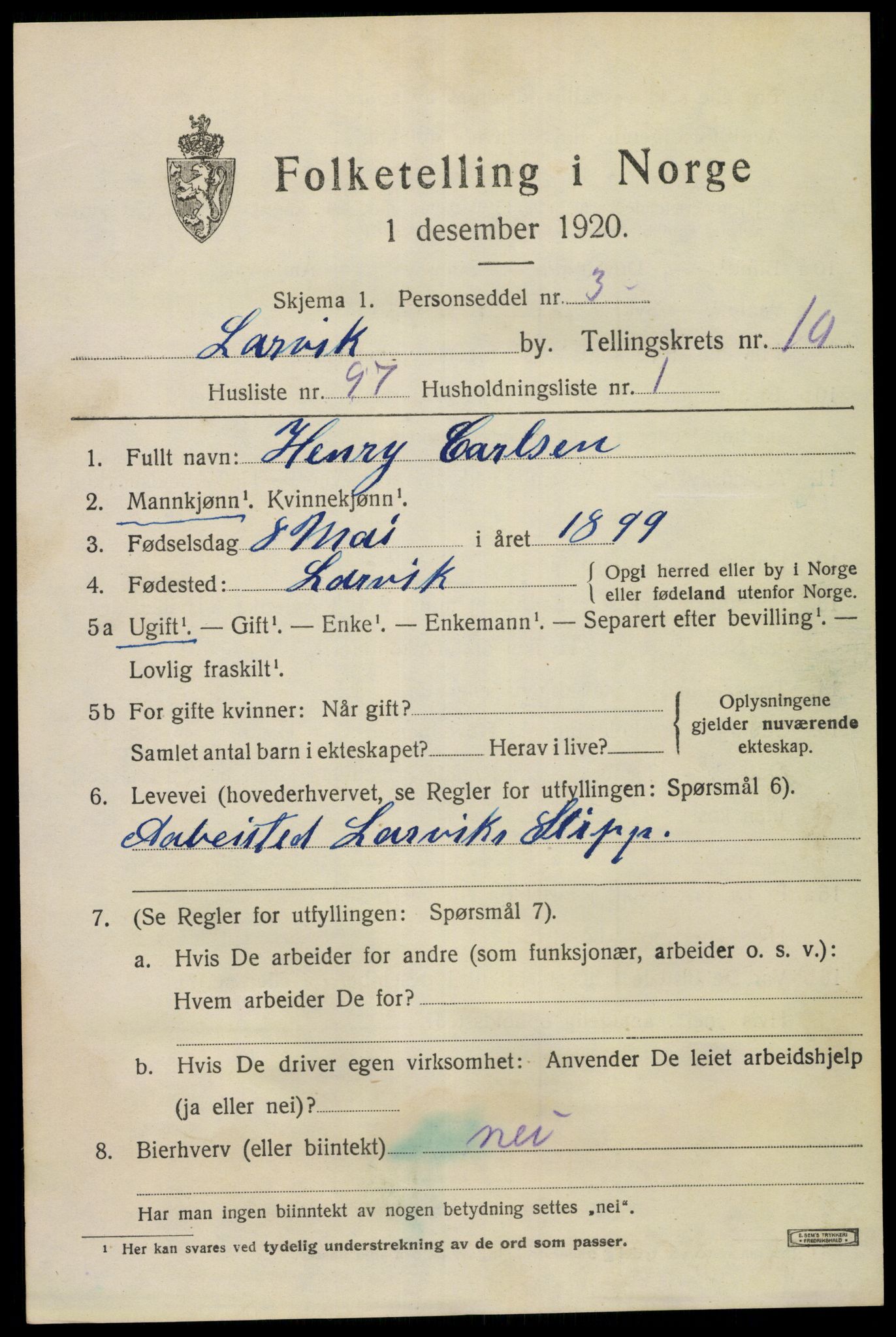 SAKO, 1920 census for Larvik, 1920, p. 28310