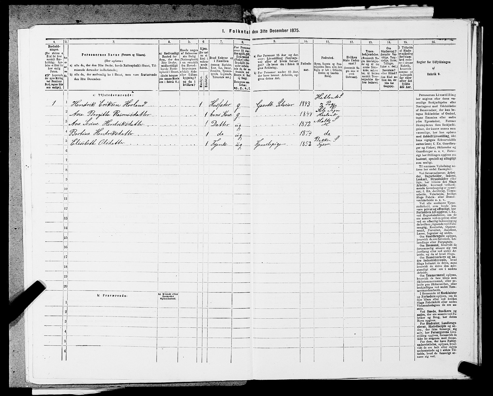 SAST, 1875 census for 1124P Håland, 1875, p. 943