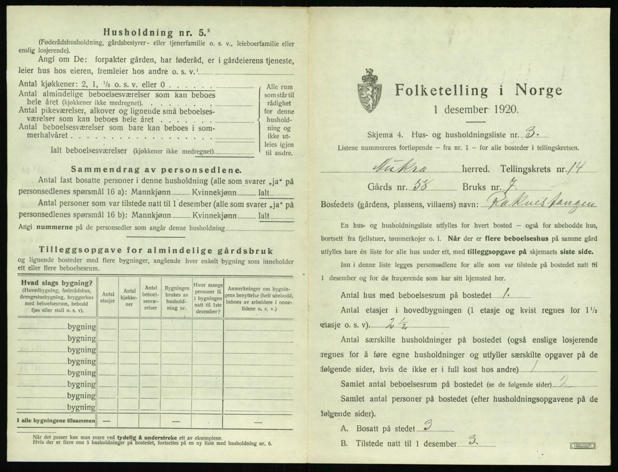 SAT, 1920 census for Aukra, 1920, p. 835