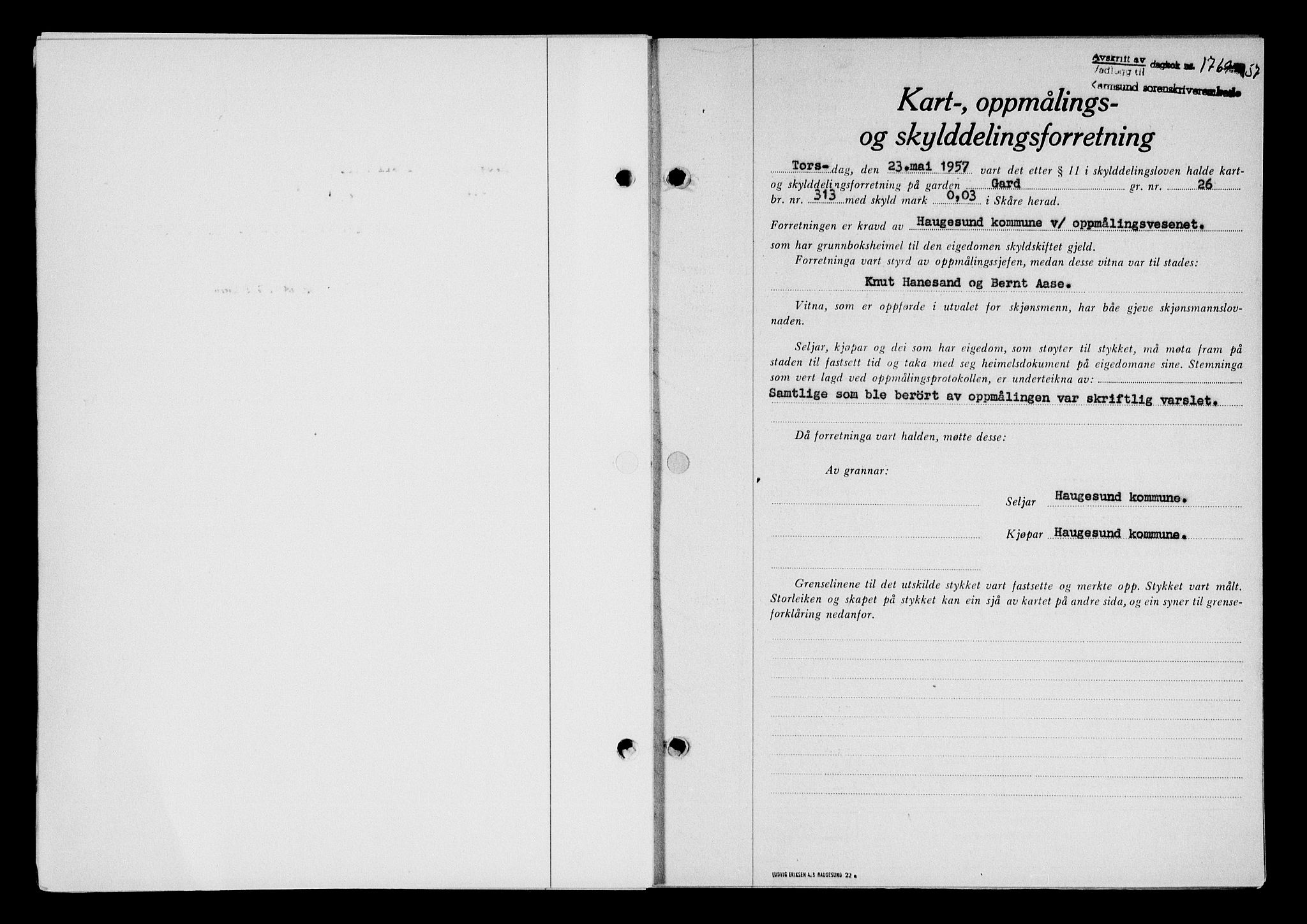 Karmsund sorenskriveri, SAST/A-100311/01/II/IIB/L0125: Mortgage book no. 105A, 1957-1957, Diary no: : 1769/1957