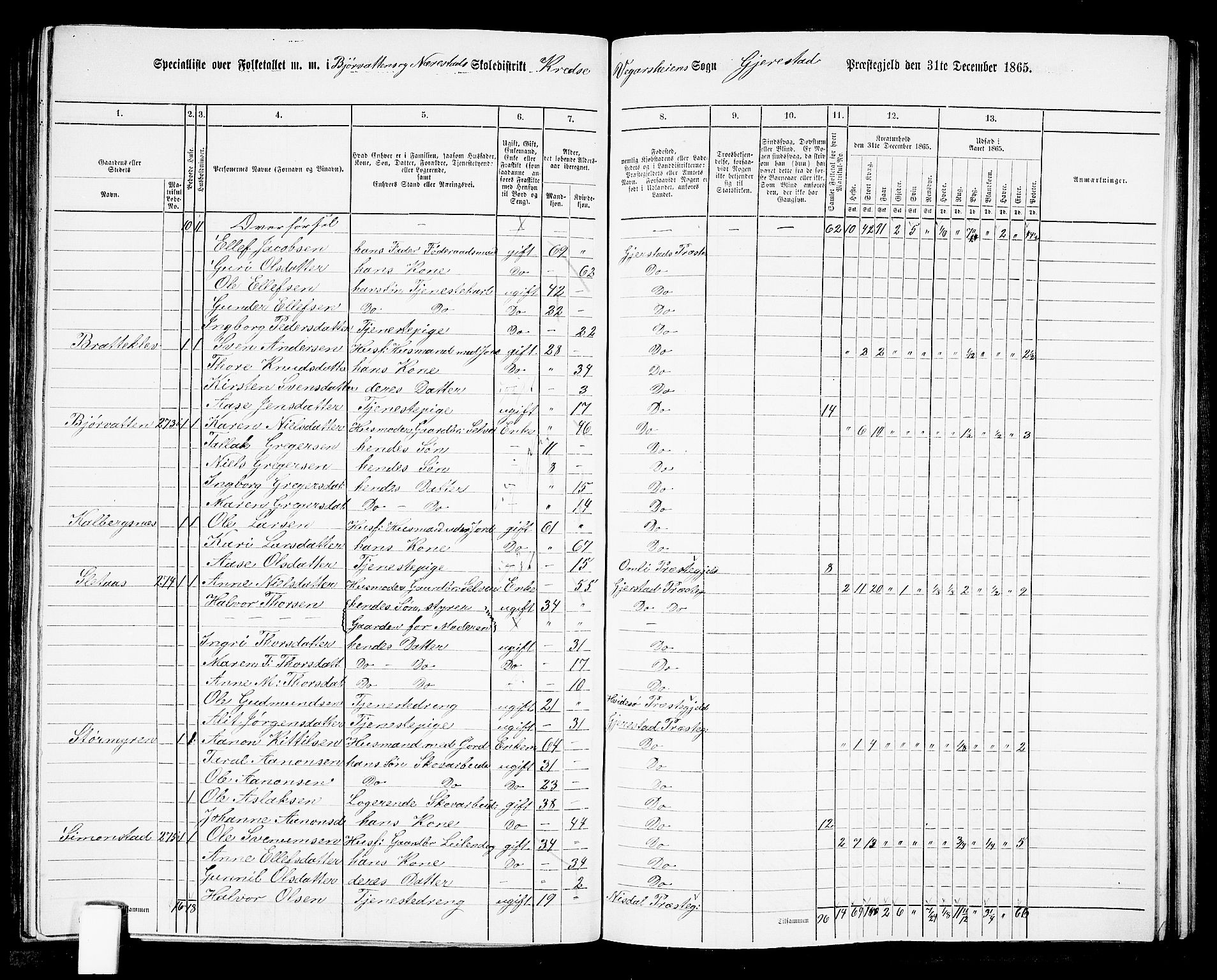 RA, 1865 census for Gjerstad, 1865, p. 163